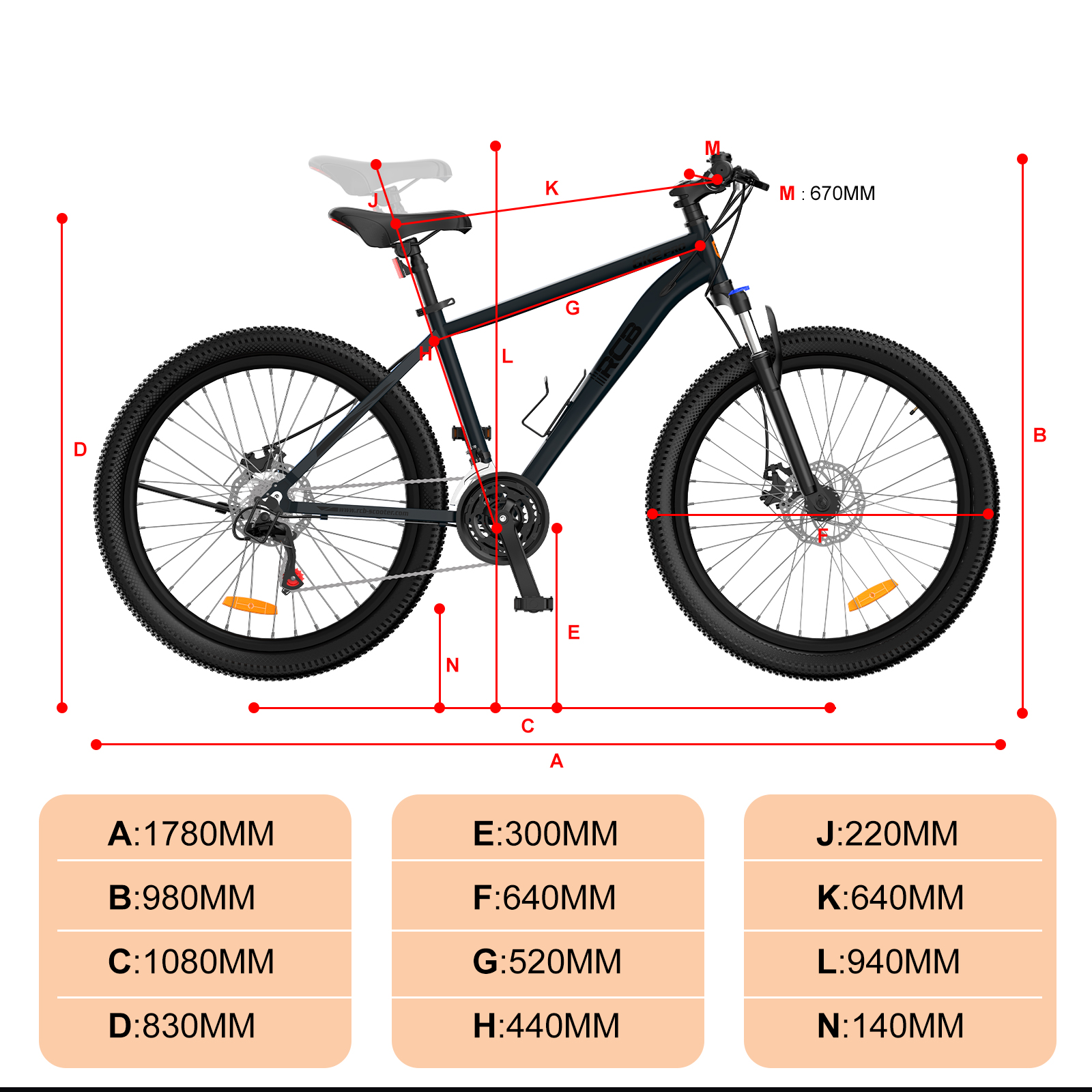 Diagrama técnico de una bicicleta de montaña negra con líneas de cota rojas y tablas.