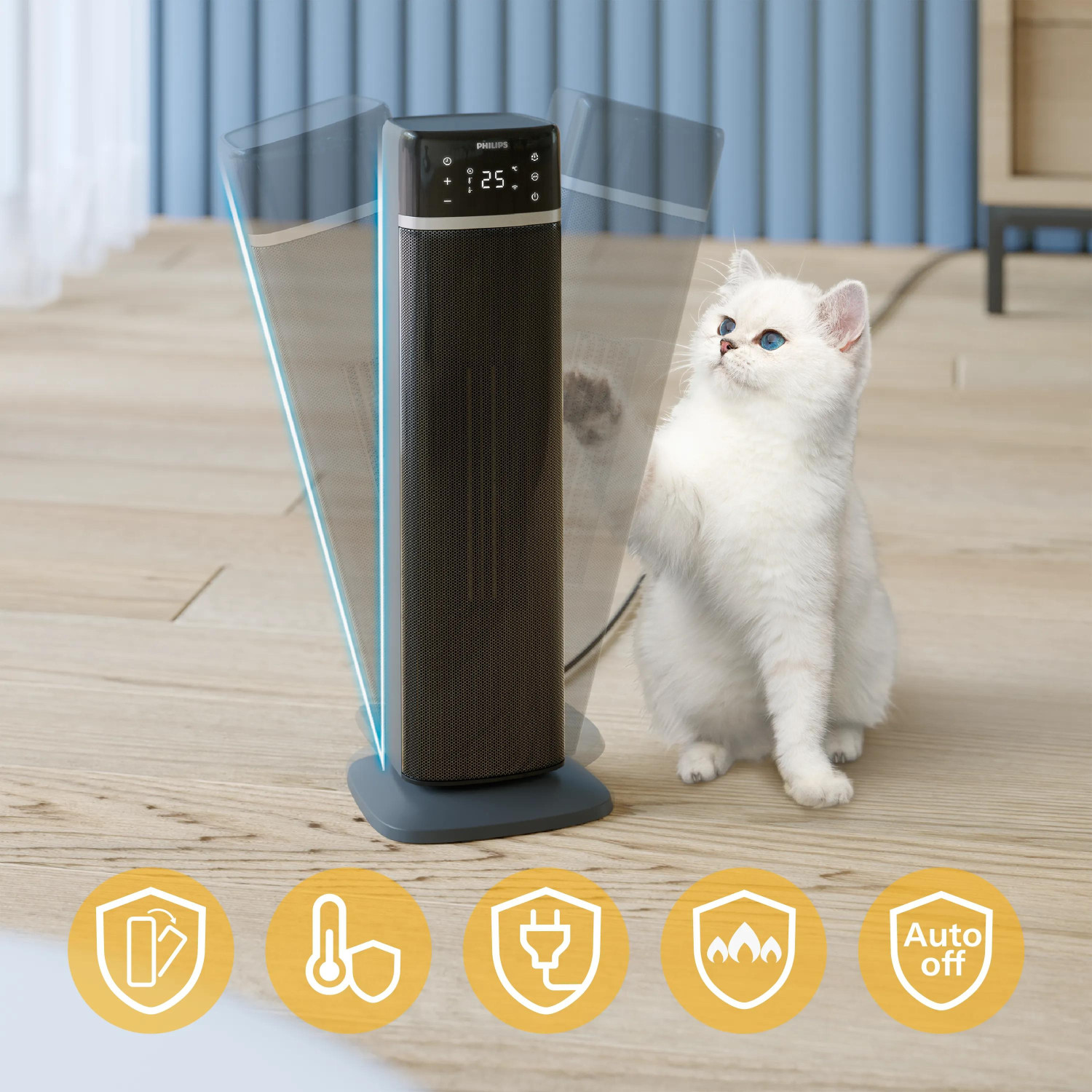 Un gato blanco mira con curiosidad un calefactor de torre Philips negro y oscilante en un suelo de madera.