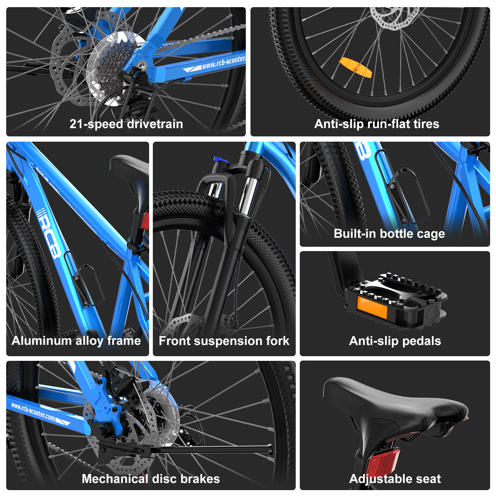 Características de una bicicleta de montaña azul que incluyen transmisión, neumáticos, cuadro, horquilla, portabotellas, pedales, frenos y sillín.
