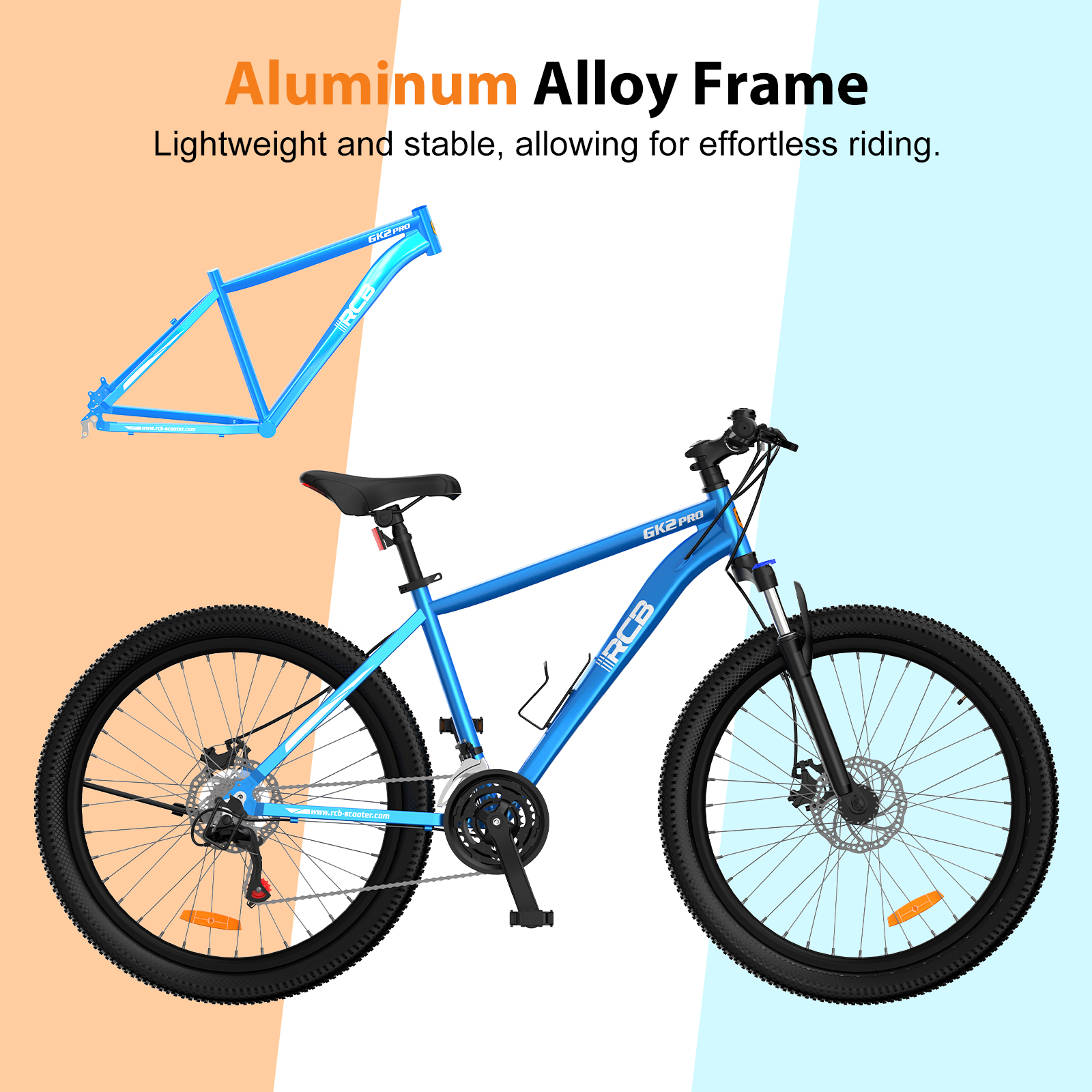 Una bicicleta de montaña azul con un marco de aluminio ligero sobre un fondo colorido.