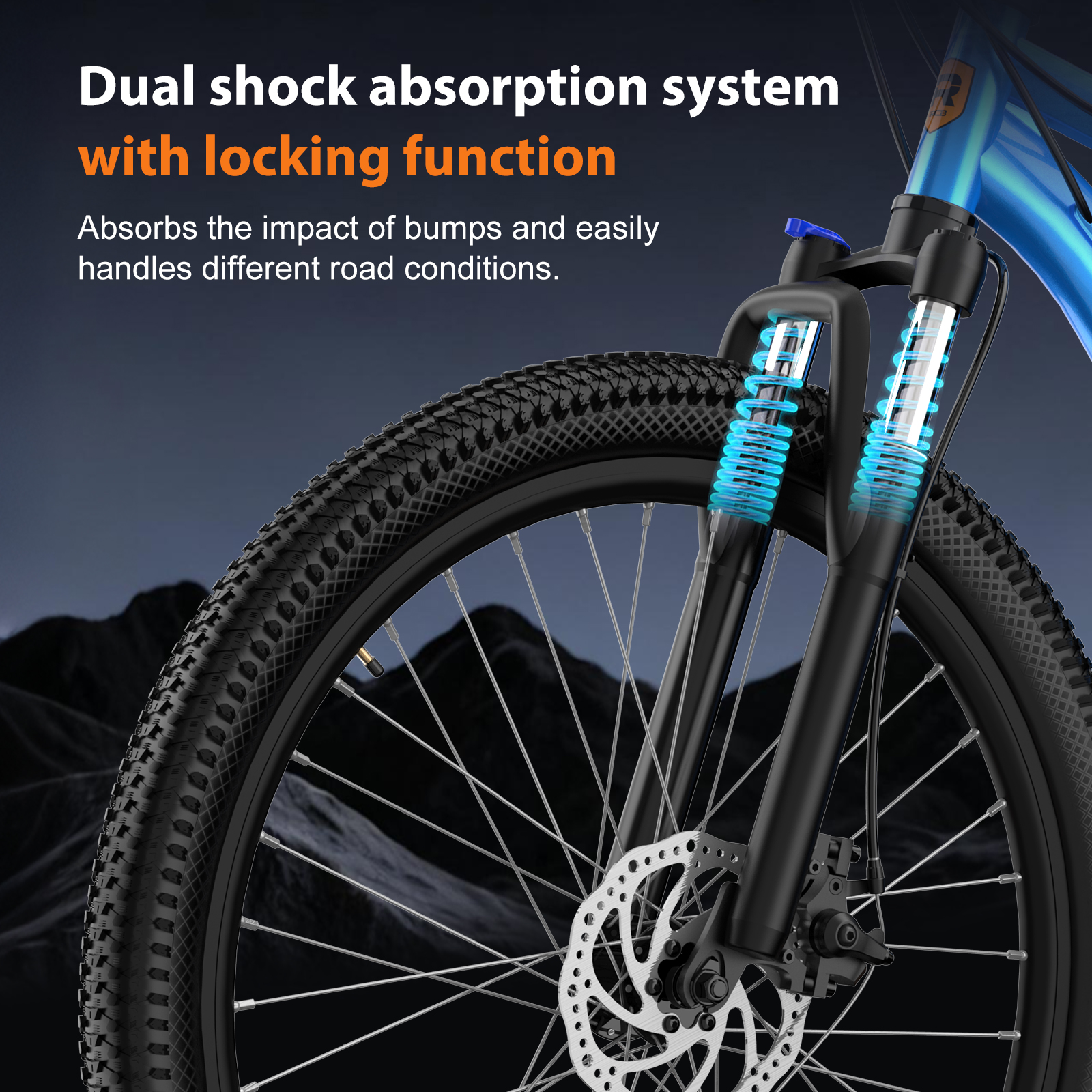 Primer plano de la rueda delantera de una bicicleta y sistema de doble suspensión con resortes azules sobre fondo oscuro.