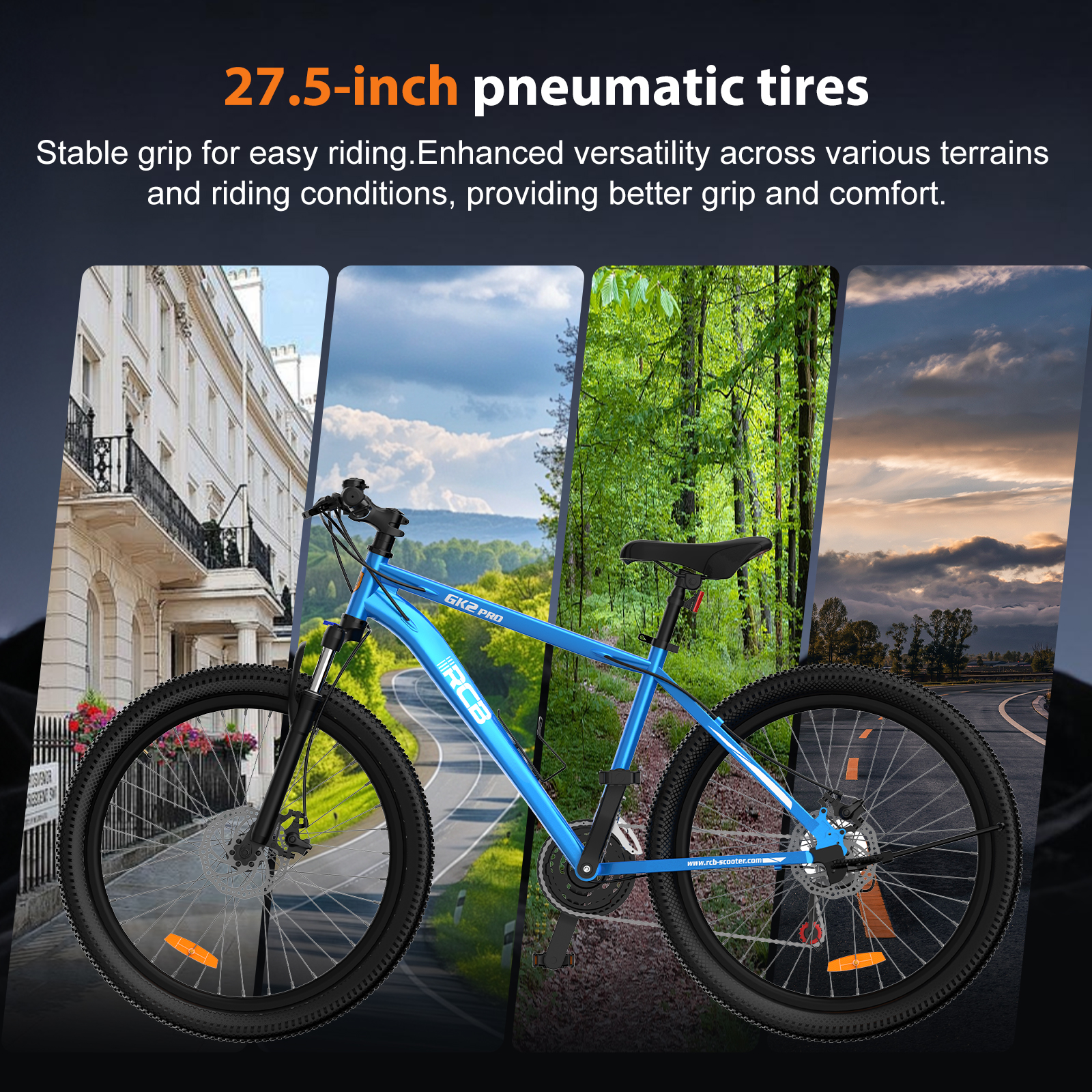 Una bicicleta de montaña azul con neumáticos de 27.5 pulgadas frente a fondos urbanos, de carretera y bosques.