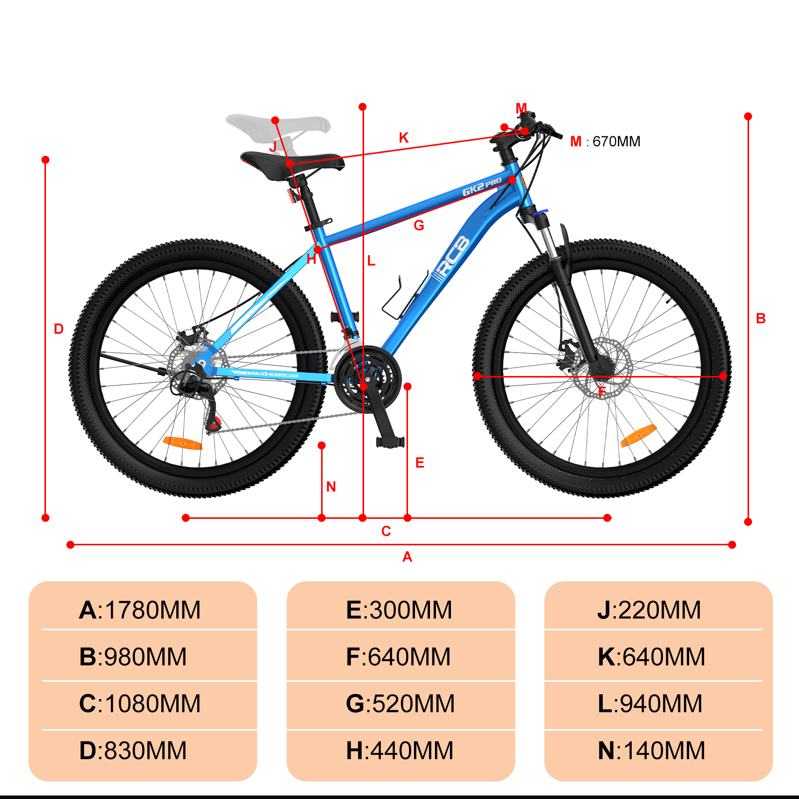 Diagrama de una bicicleta de montaña azul con líneas de dimensión rojas y una tabla de medidas abajo.