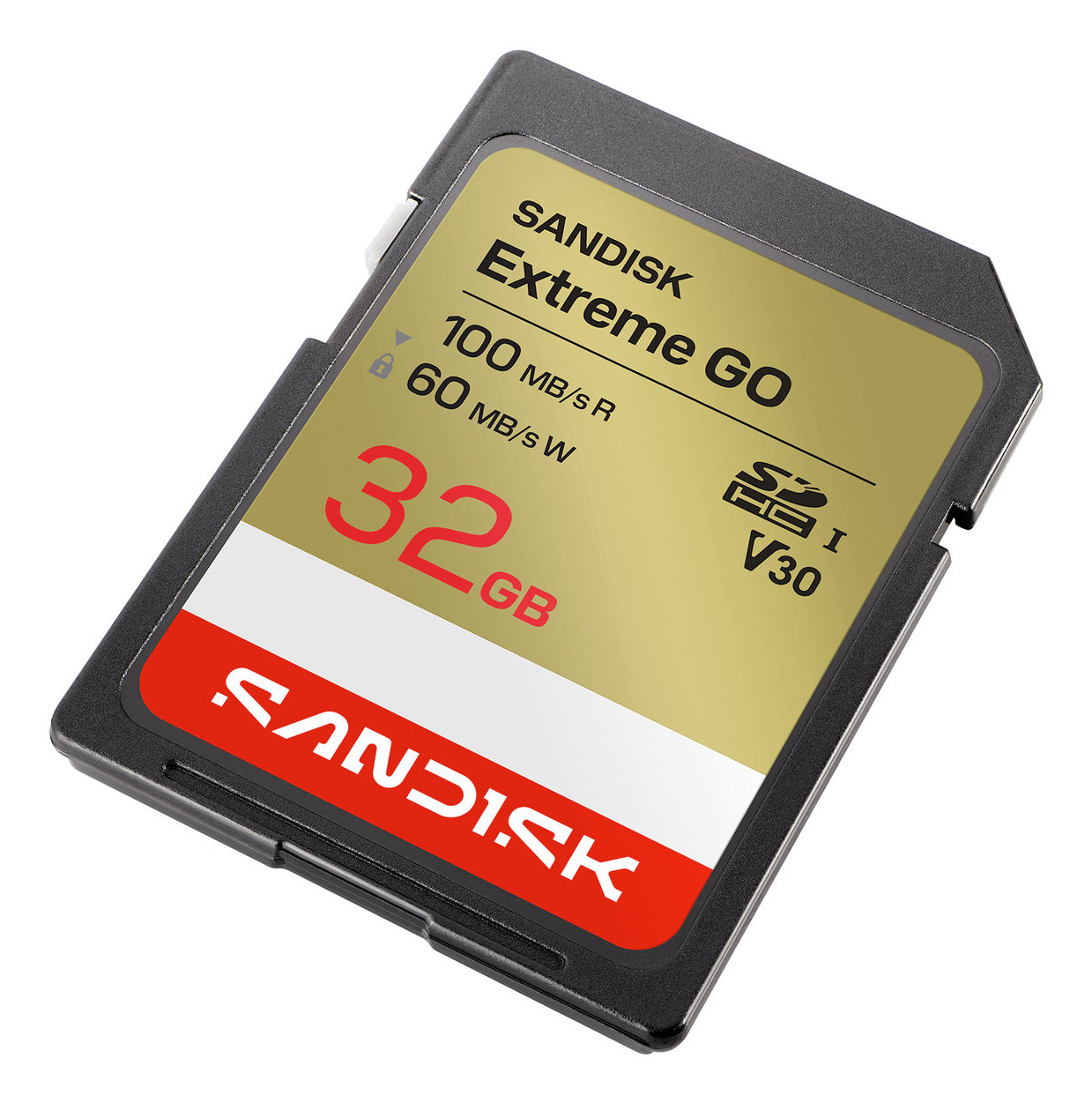 Carte mémoire SD SanDisk Extreme GO 32 Go avec étiquette dorée et rouge.