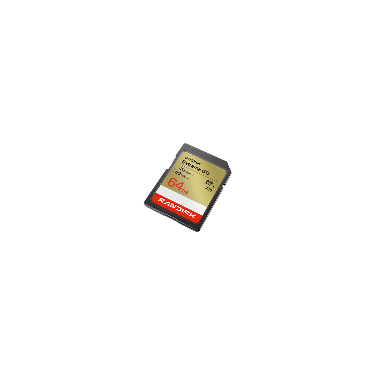 Złoto-czarna karta pamięci SD SanDisk Extreme GO 64GB na białym tle.