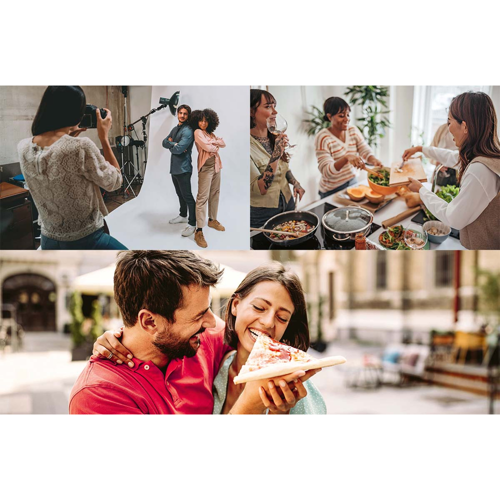 Eine Collage zeigt ein Fotoshooting, Menschen beim Kochen in einer Küche und ein Paar, das draußen Pizza isst.