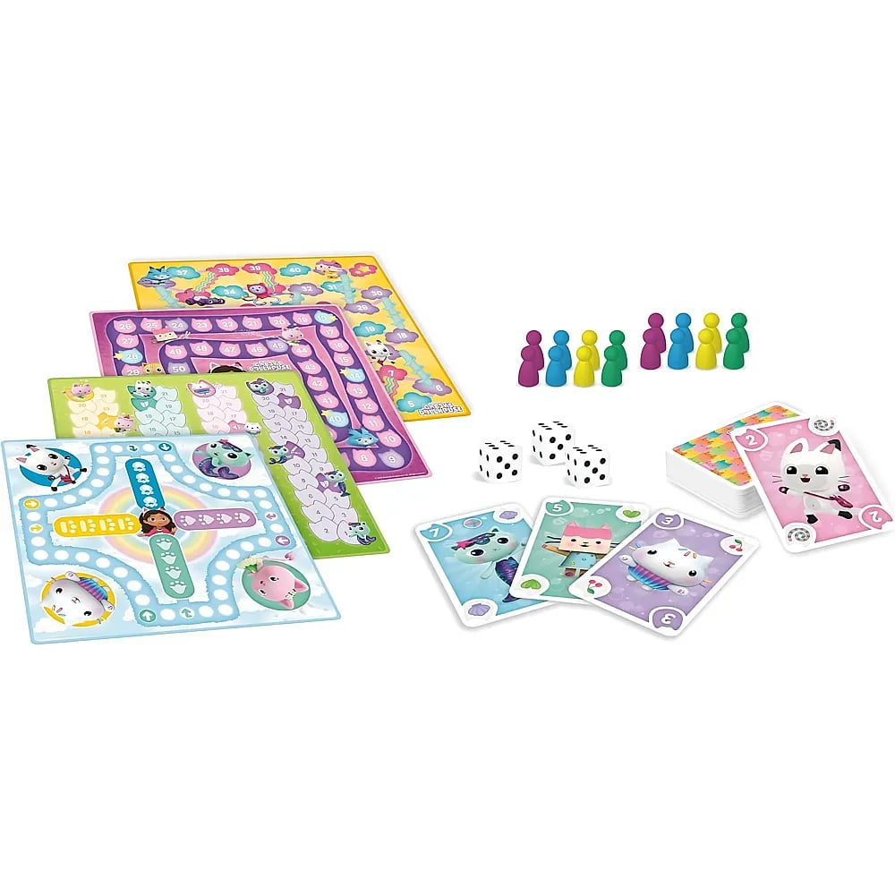 Ein buntes Brettspiel-Set mit Spielbrettern, Würfeln, Charakterkarten und bunten Spielfiguren.