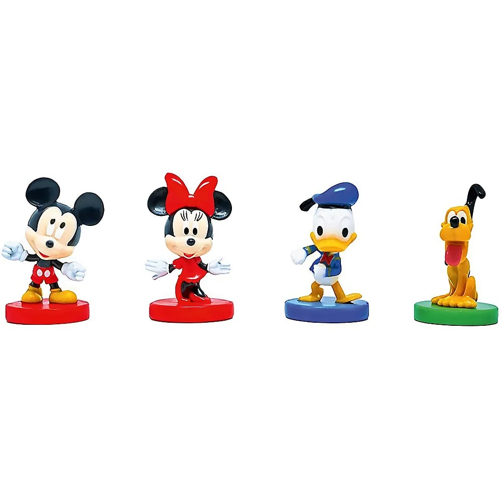 Vier Disney-Figuren auf bunten Sockeln: Micky, Minnie, Donald und Pluto auf weißem Hintergrund.