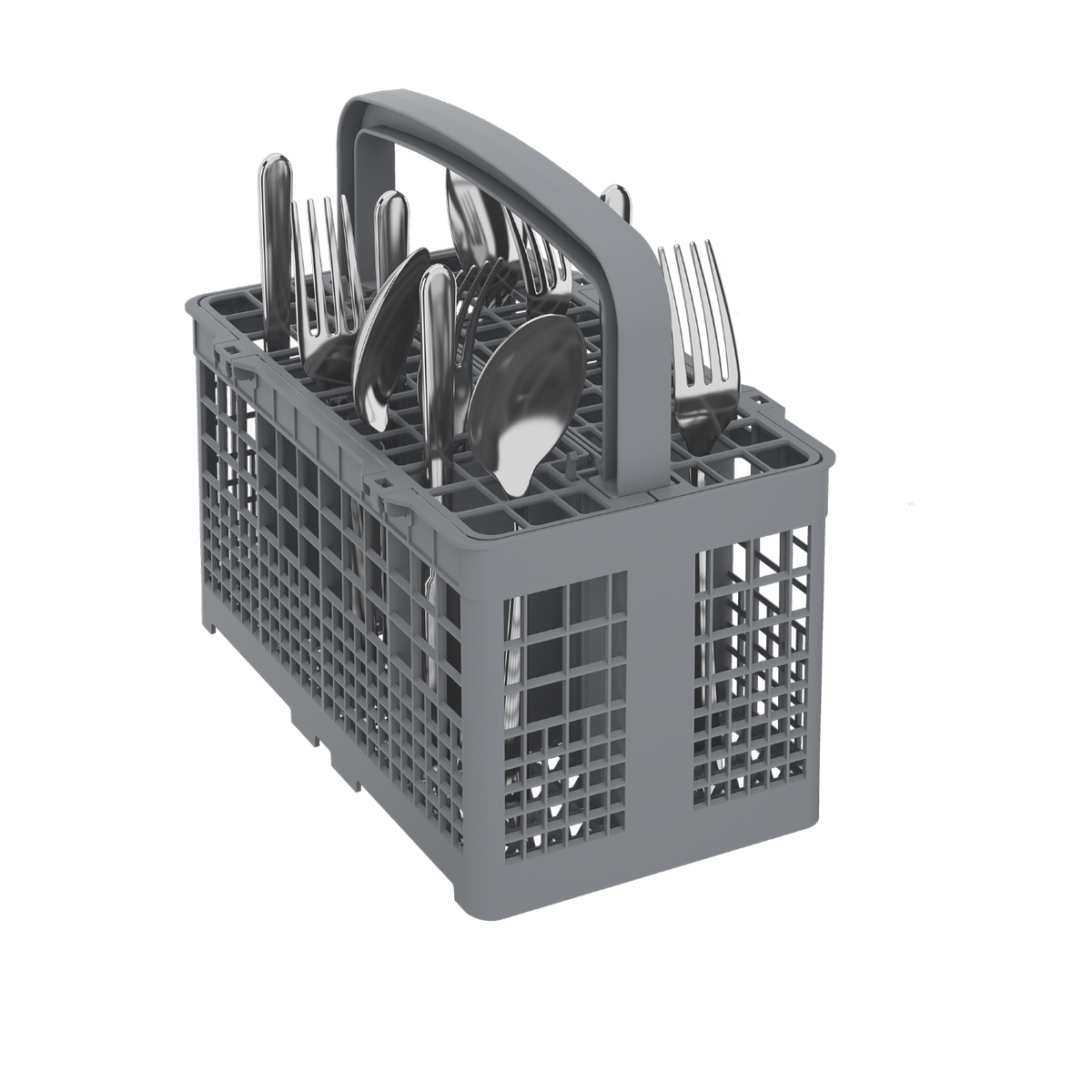 Cesta de cubiertos de plástico gris llena de varios cuchillos, tenedores y cucharas de plata sobre fondo blanco.