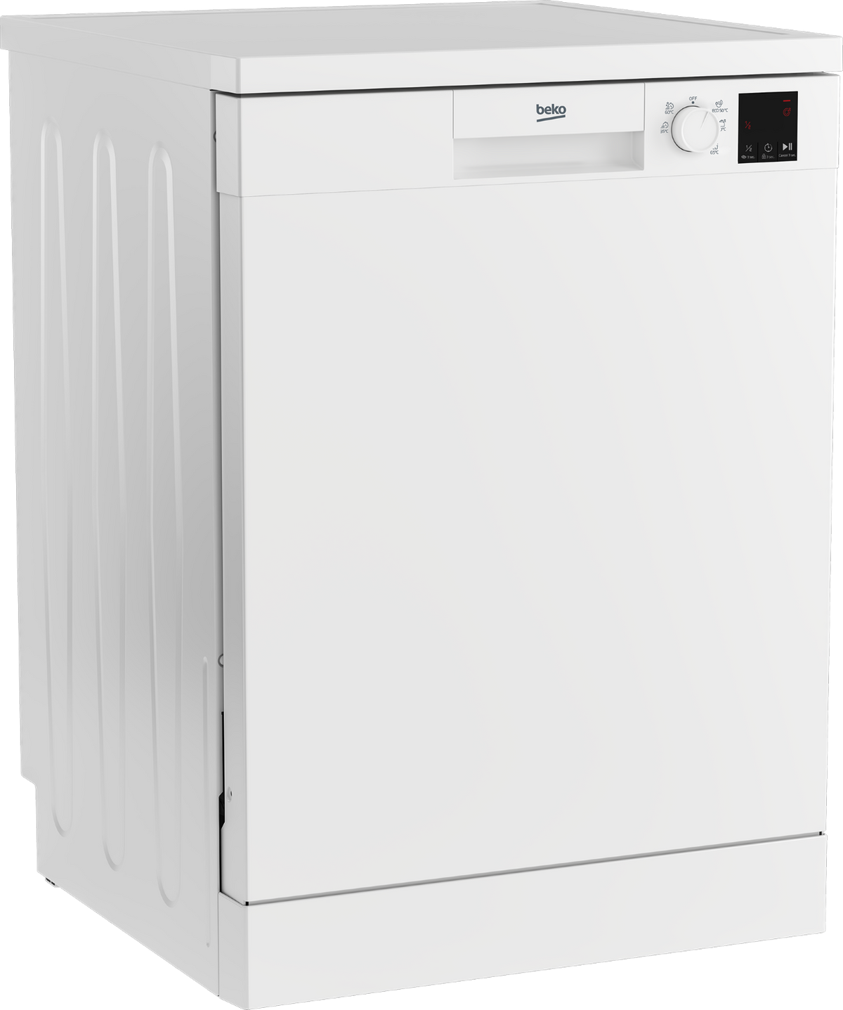 Un lavavajillas Beko blanco con panel de control sobre fondo blanco.