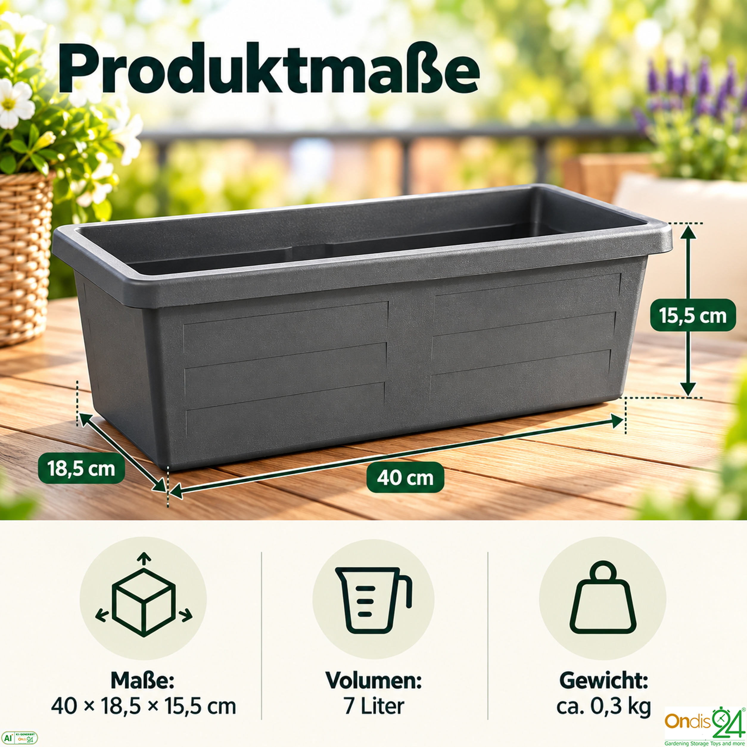 Grauer rechteckiger Blumenkasten auf Holz Tisch mit Maßangaben 40x18,5x15,5 cm und Icons für Volumen und Gewicht.