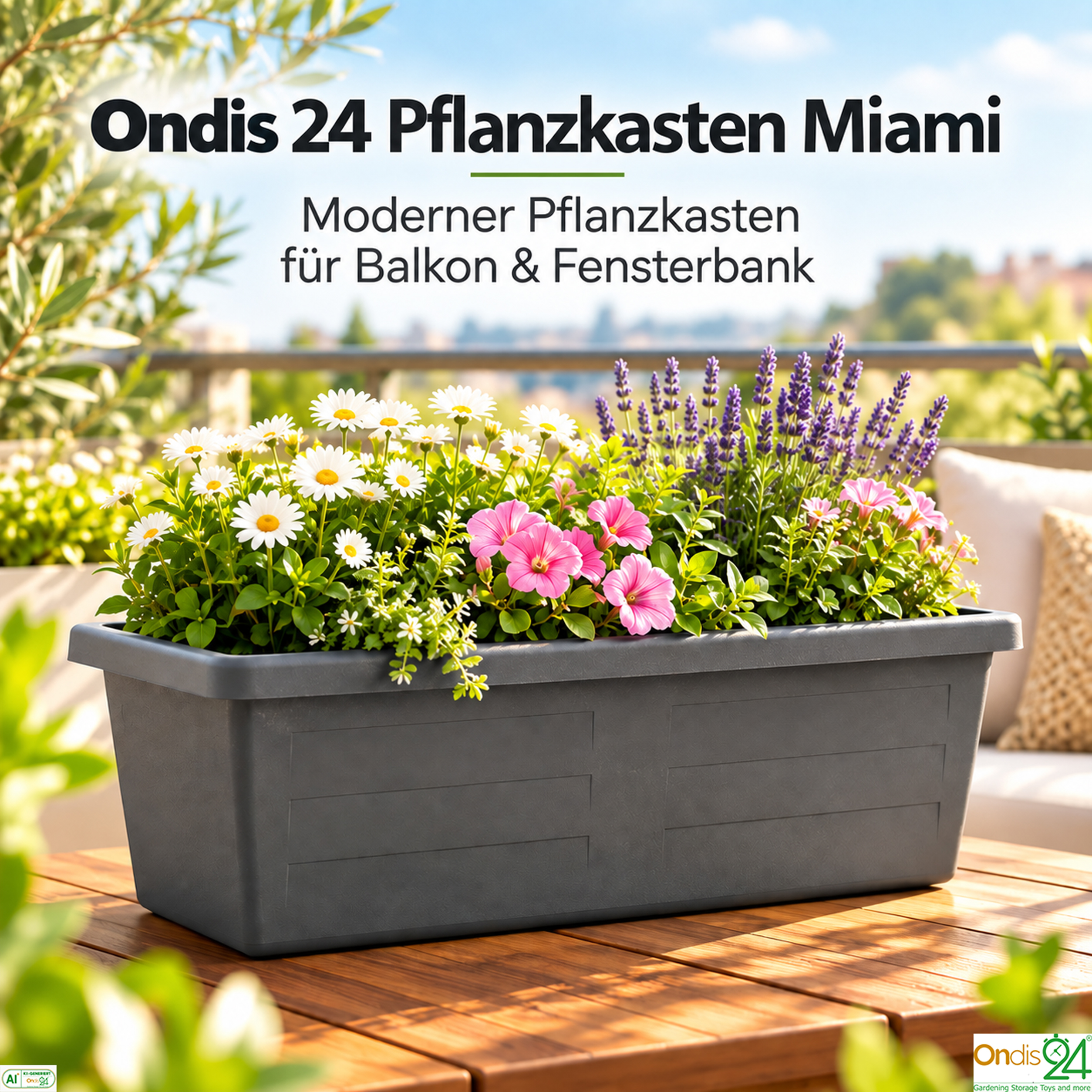Ein grauer Pflanzkasten mit bunten Blumen und Lavendel steht auf einem Holztisch, im Hintergrund ein sonniger Balkon.