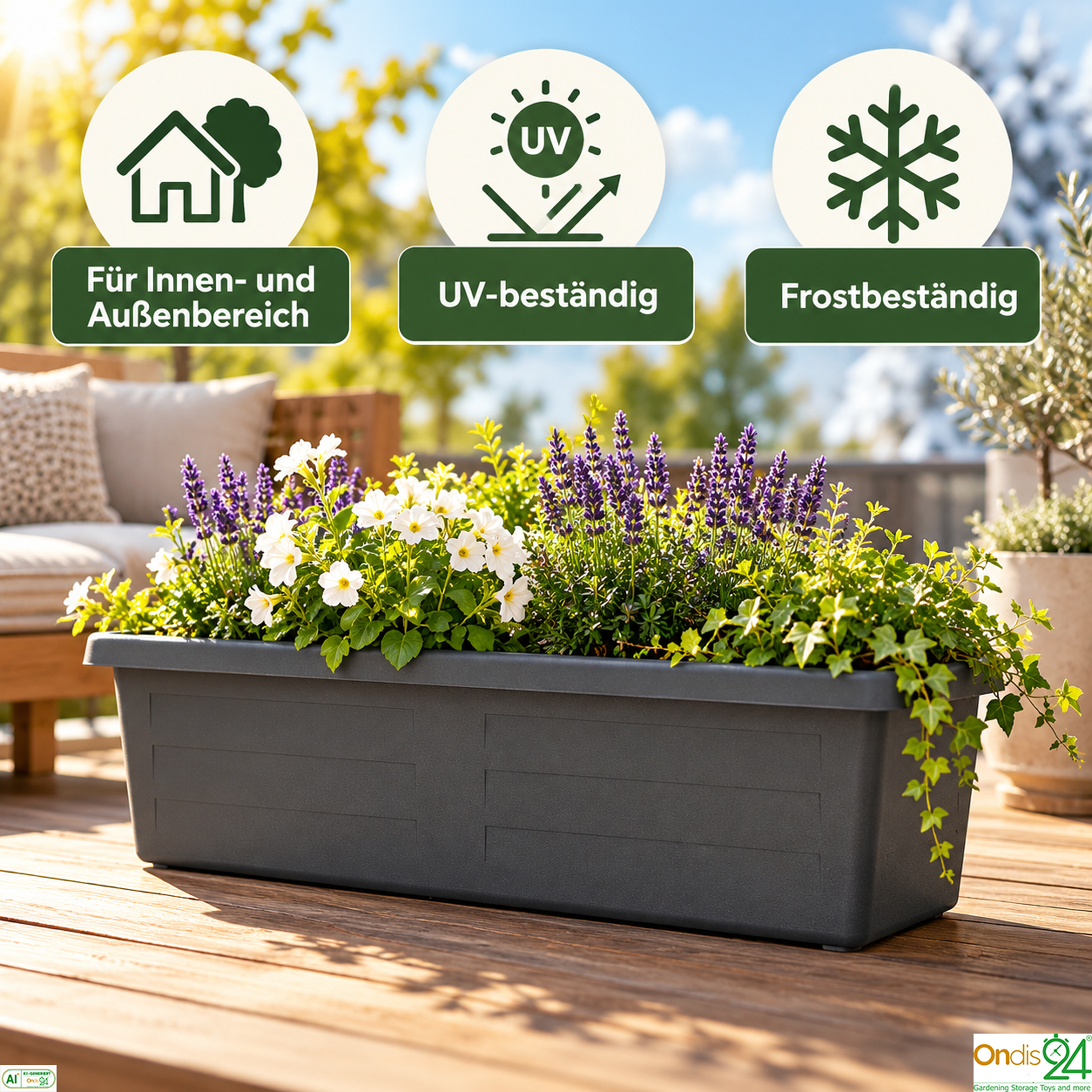 Grauer Pflanzkübel mit Lavendel und weißen Blüten auf Holzterrasse.
