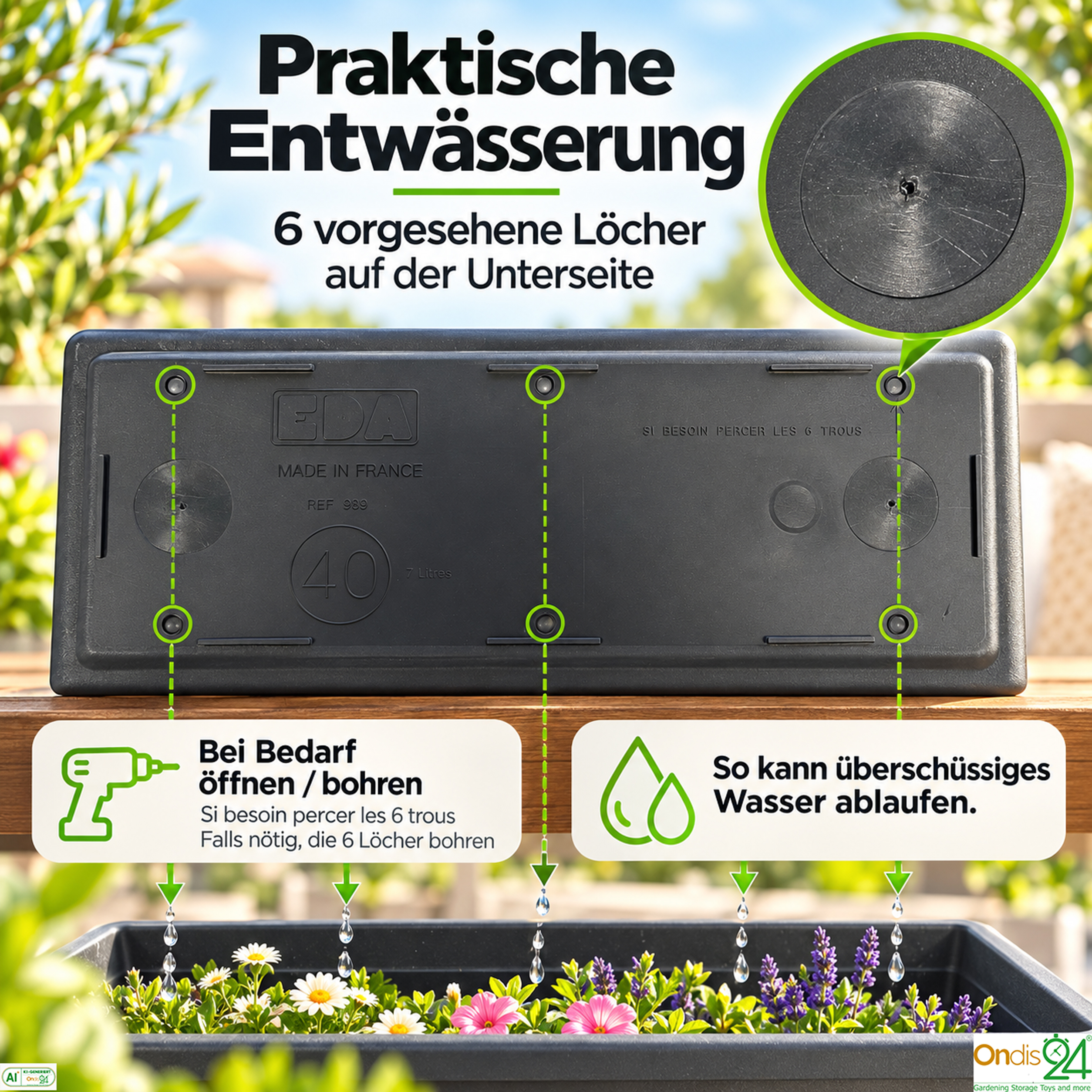 Unterseite eines schwarzen Pflanzgefäßes mit sechs markierten Löchern zum optionalen Bohren.