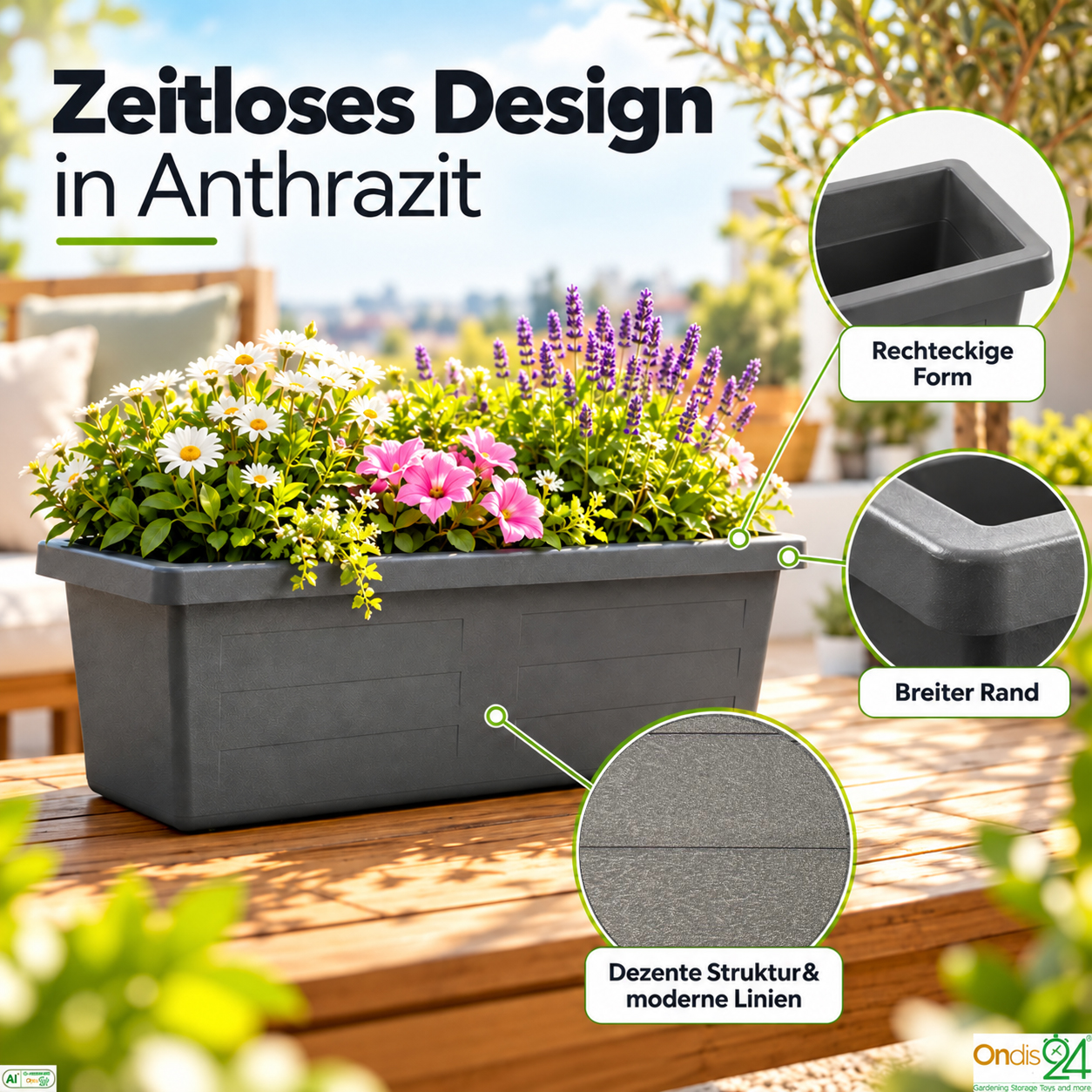 Anthrazitfarbener Blumenkasten auf Holz Tisch mit Text und Detailaufnahmen.