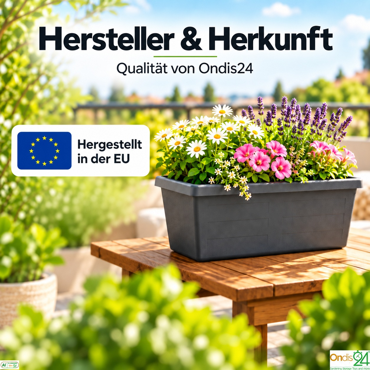 Grauer Blumenkasten mit wei#en Margeriten, lila Lavendel und rosa Petunien auf einem Holztisch.