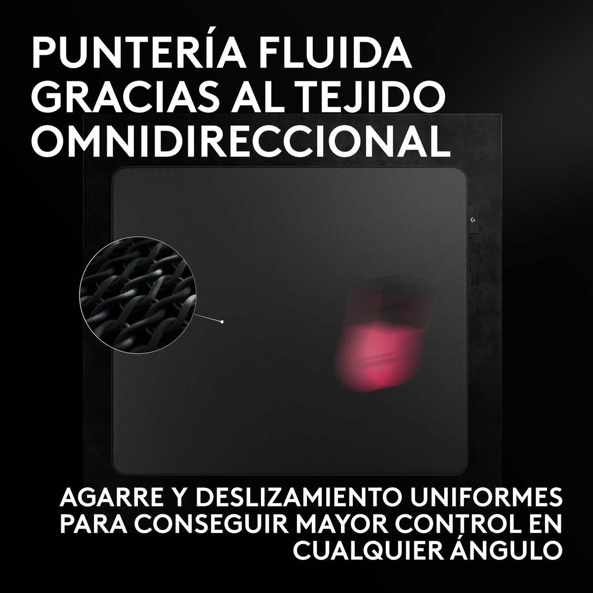 Alfombrilla negra mostrando movimiento fluido con un círculo de zoom en el tejido.
