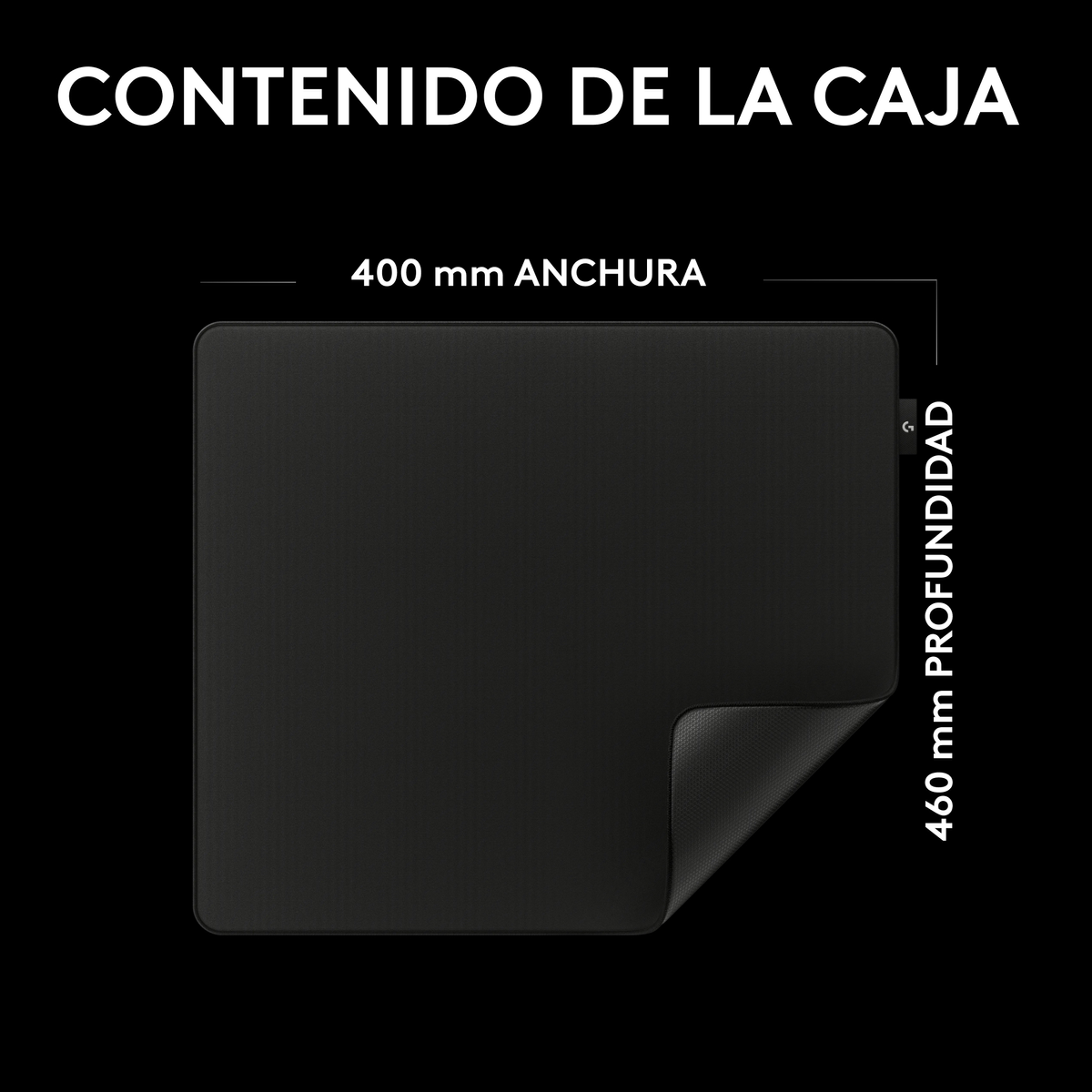 Alfombrilla de ratón negra de 400 mm de ancho y 460 mm de profundidad.