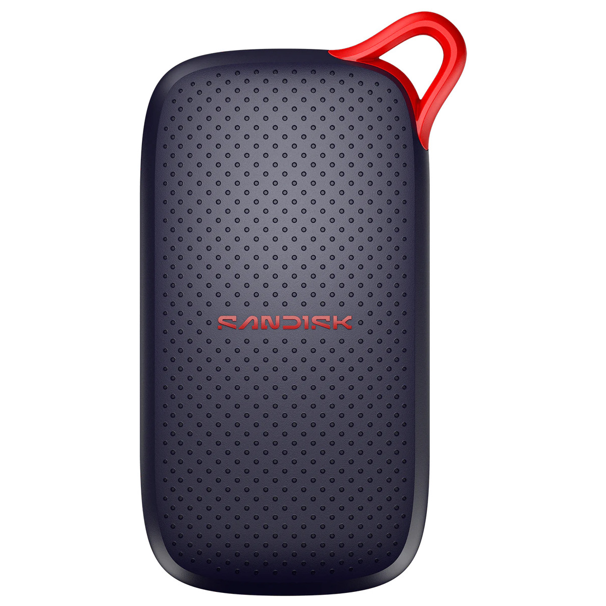 Disco duro SanDisk azul oscuro con patrón punteado, logotipo rojo y lazo rojo arriba a la derecha, sobre fondo blanco.