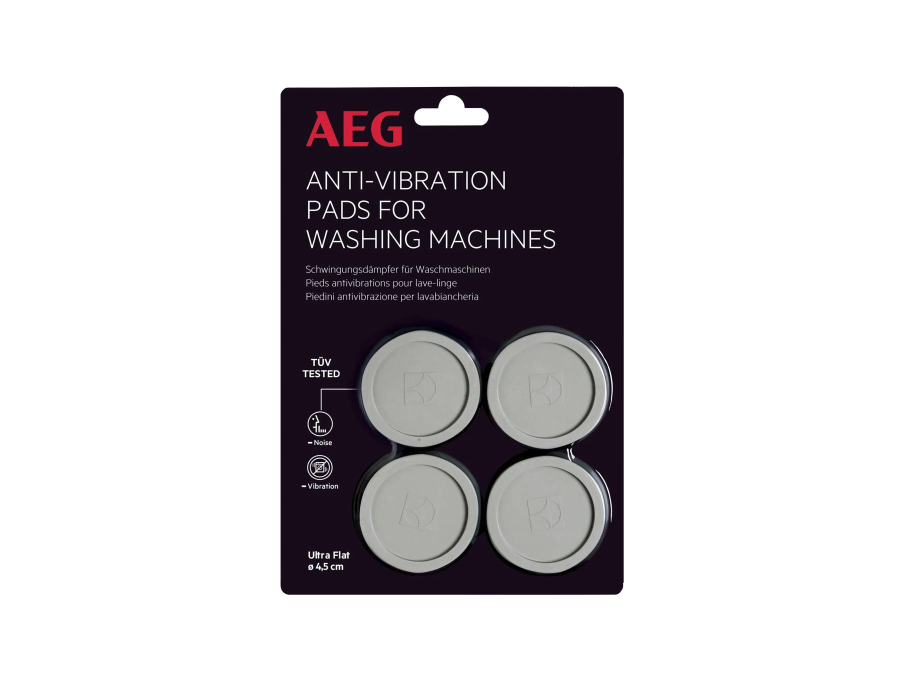 Almohadillas antivibración AEG para lavadoras, con cuatro almohadillas grises en envase negro.