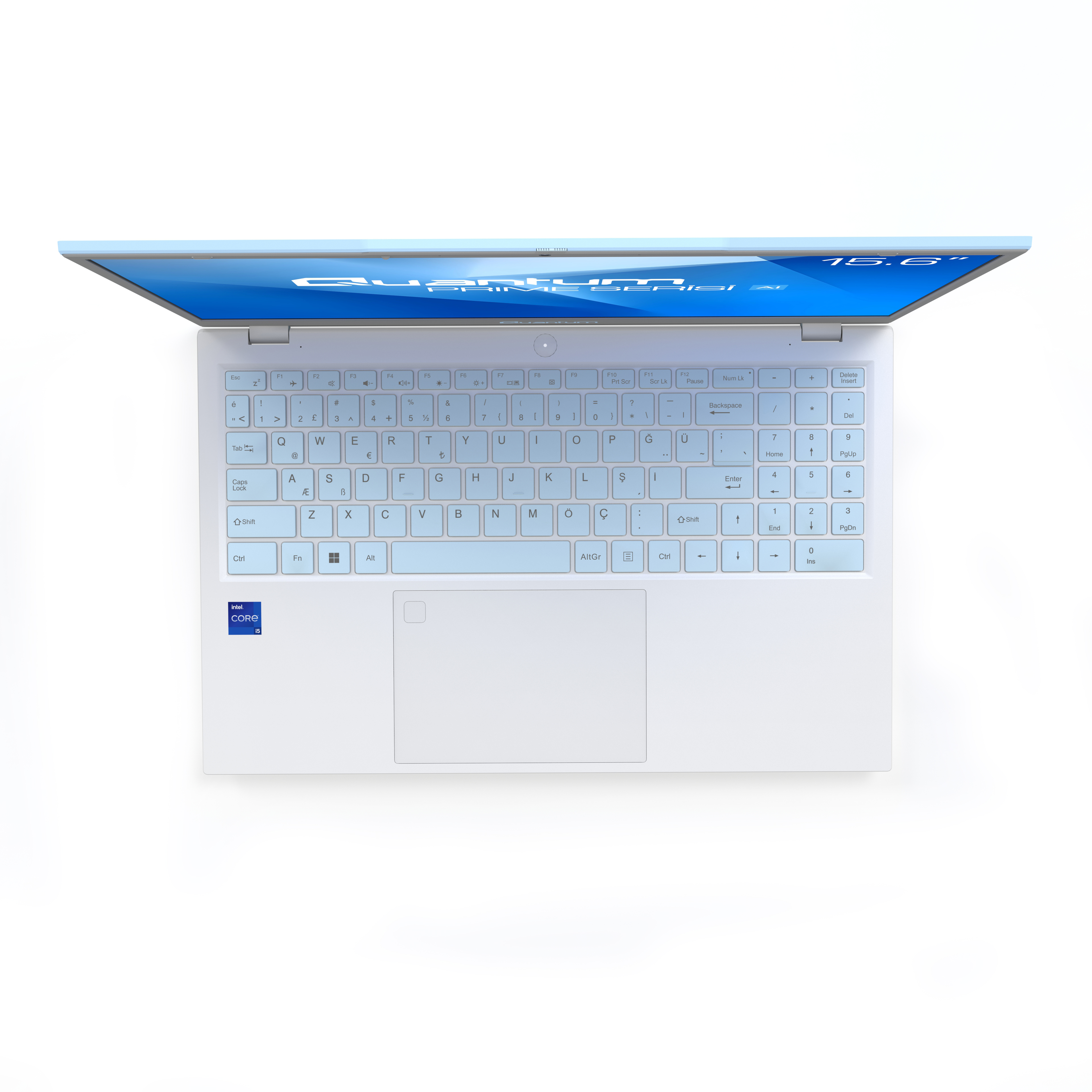 Turkuaz klavyeli, mavi ekranlı ve Intel Core i5 etiketli beyaz bir dizüstü bilgisayarın üstten görünümü.