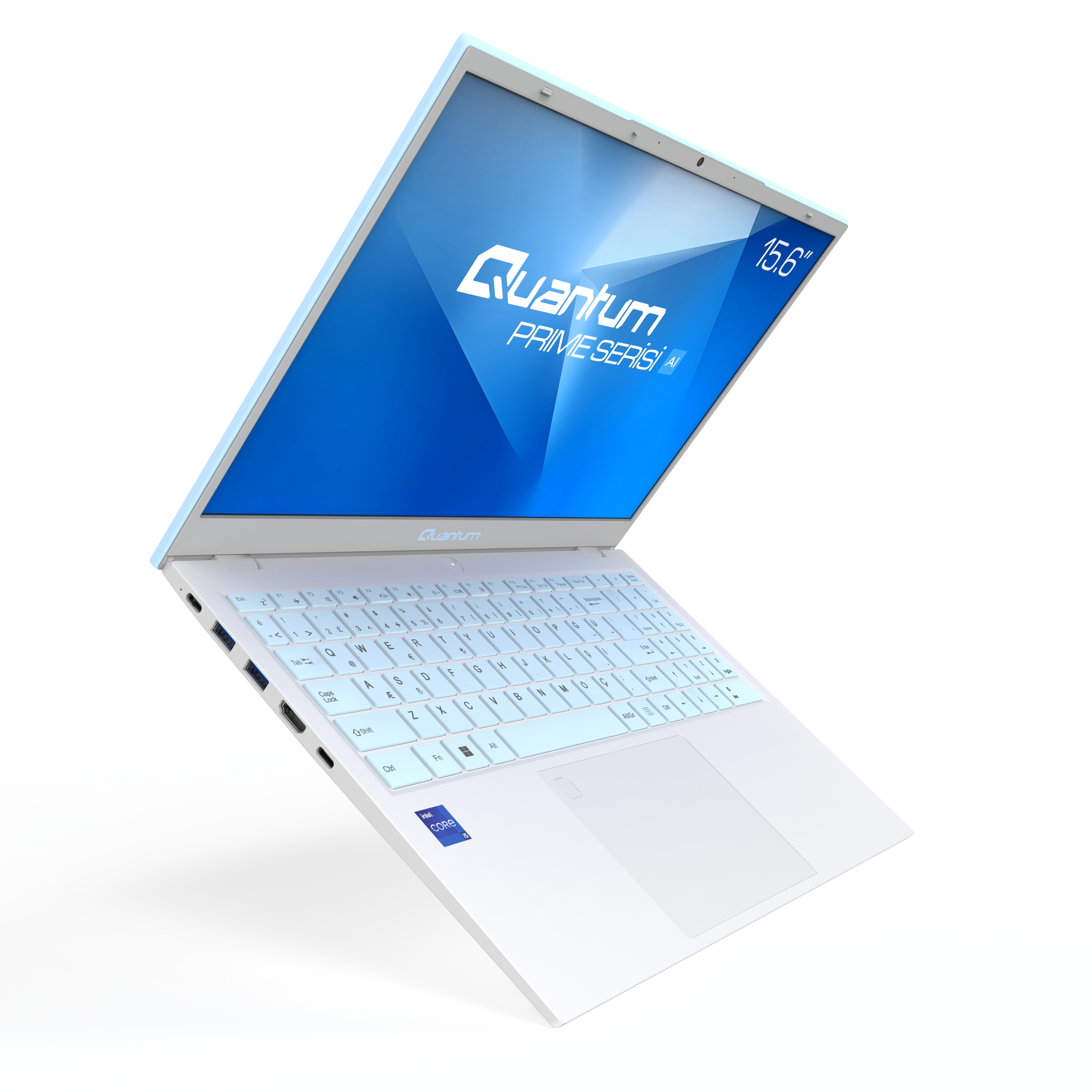 15.6 inç ekranlı ve Intel Core i5 etiketli beyaz ve açık mavi Quantum dizüstü bilgisayar beyaz arka planda süzülüyor.