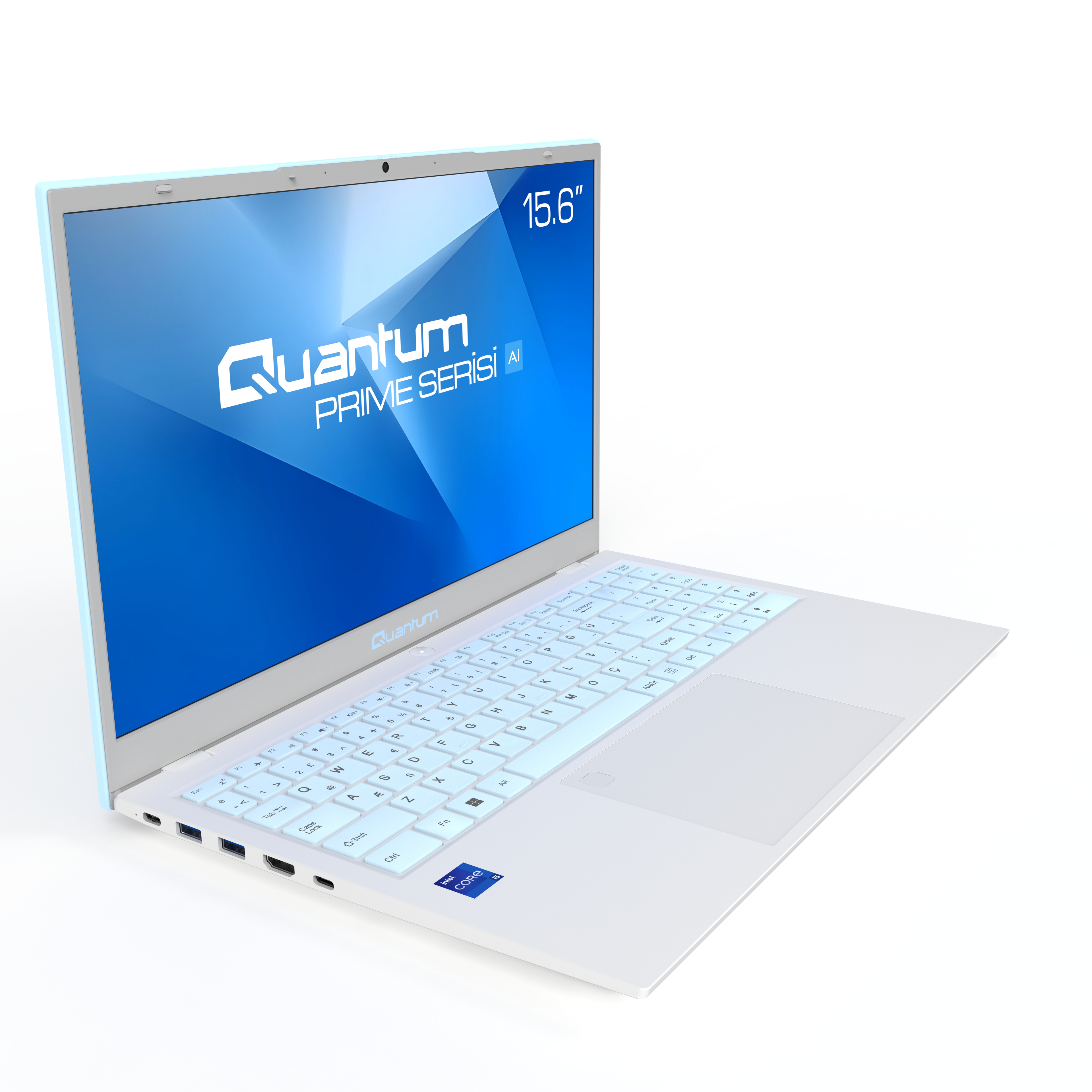 Beyaz arka planda mavi ekrana sahip beyaz Quantum Prime dizüstü bilgisayar.