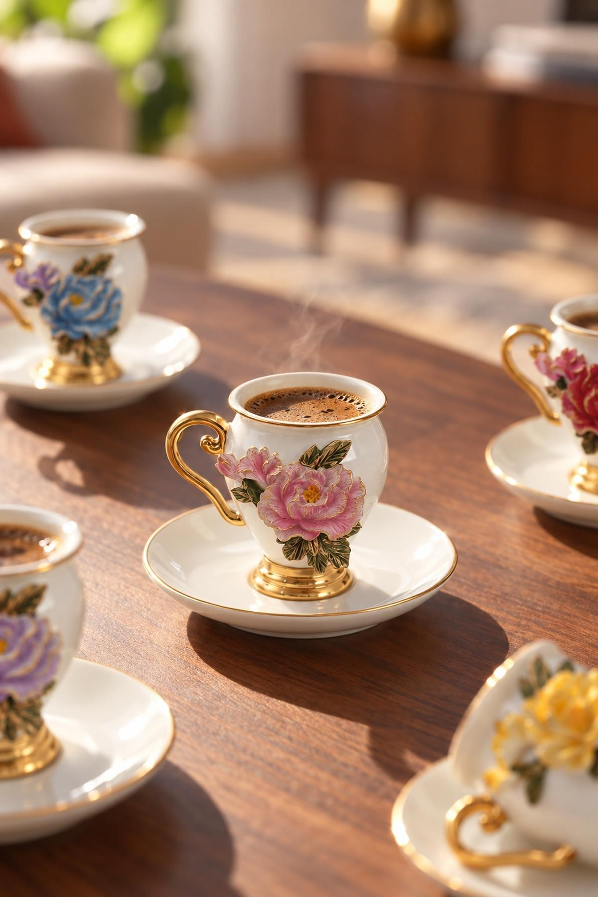 Ahşap masa üzerinde çiçek ve altın detaylı şık beyaz kahve fincanları.