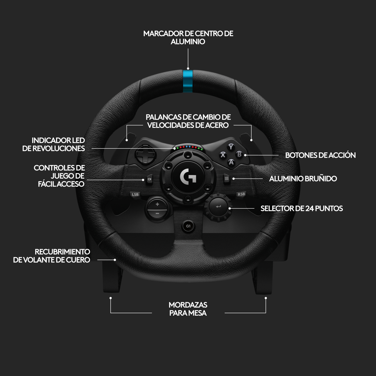 Un volante de carreras negro con funda de cuero y controles, etiquetado en español.