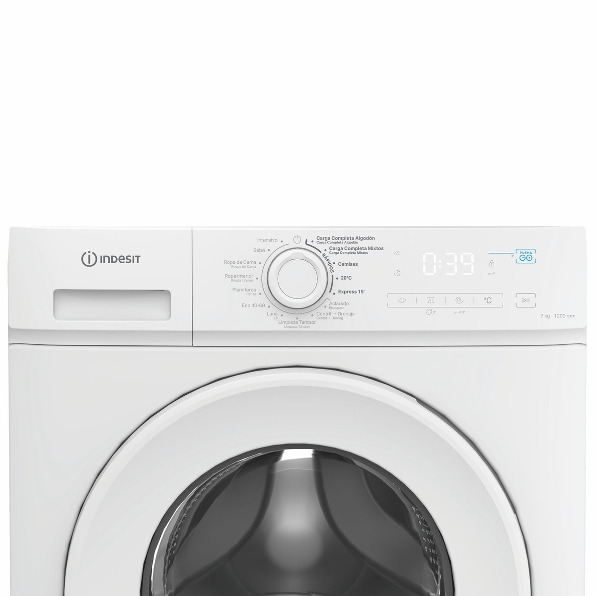 Lavadora Indesit blanca con selector giratorio central, pantalla digital y etiquetas de programas.