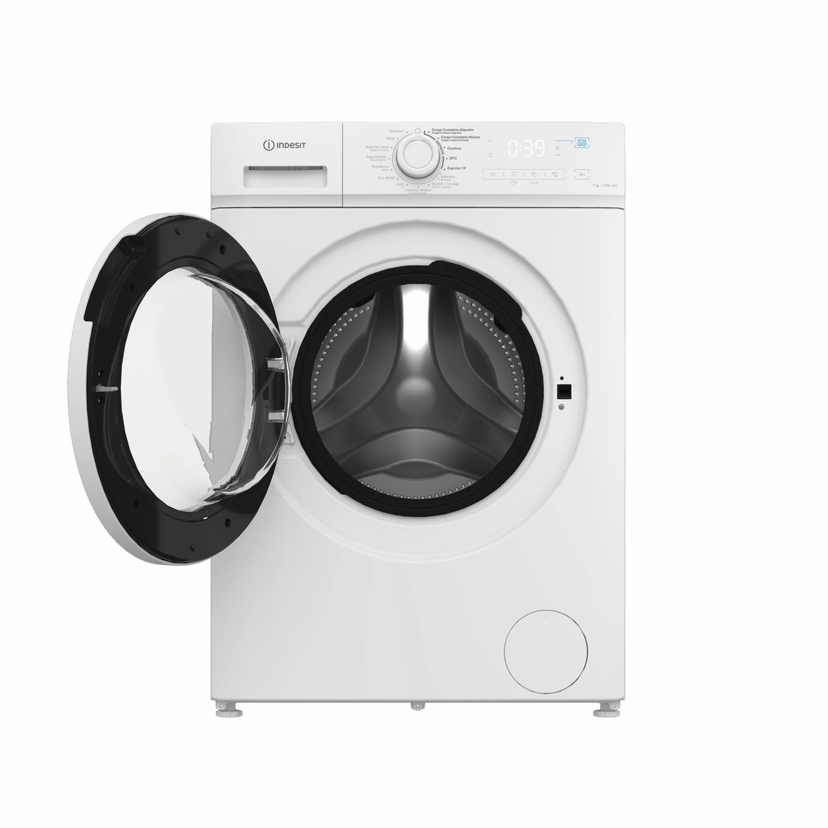 Lavadora blanca Indesit con puerta de ojo de buey abierta y tambor iluminado sobre fondo blanco.