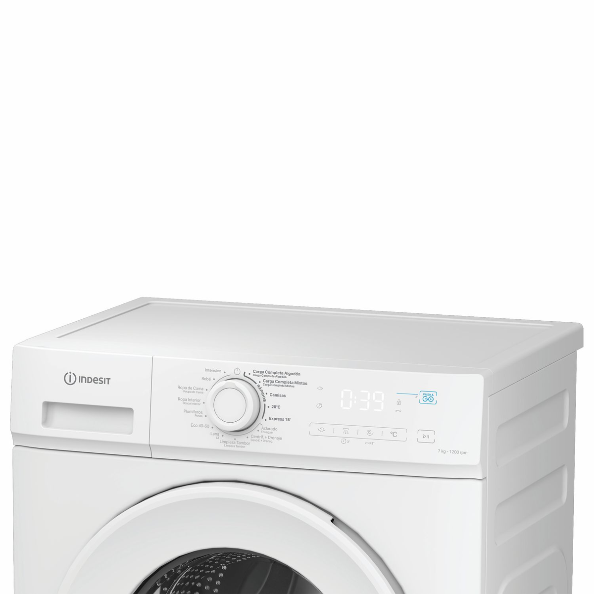 Una lavadora blanca Indesit con panel de control, selector giratorio, pantalla digital y botones.