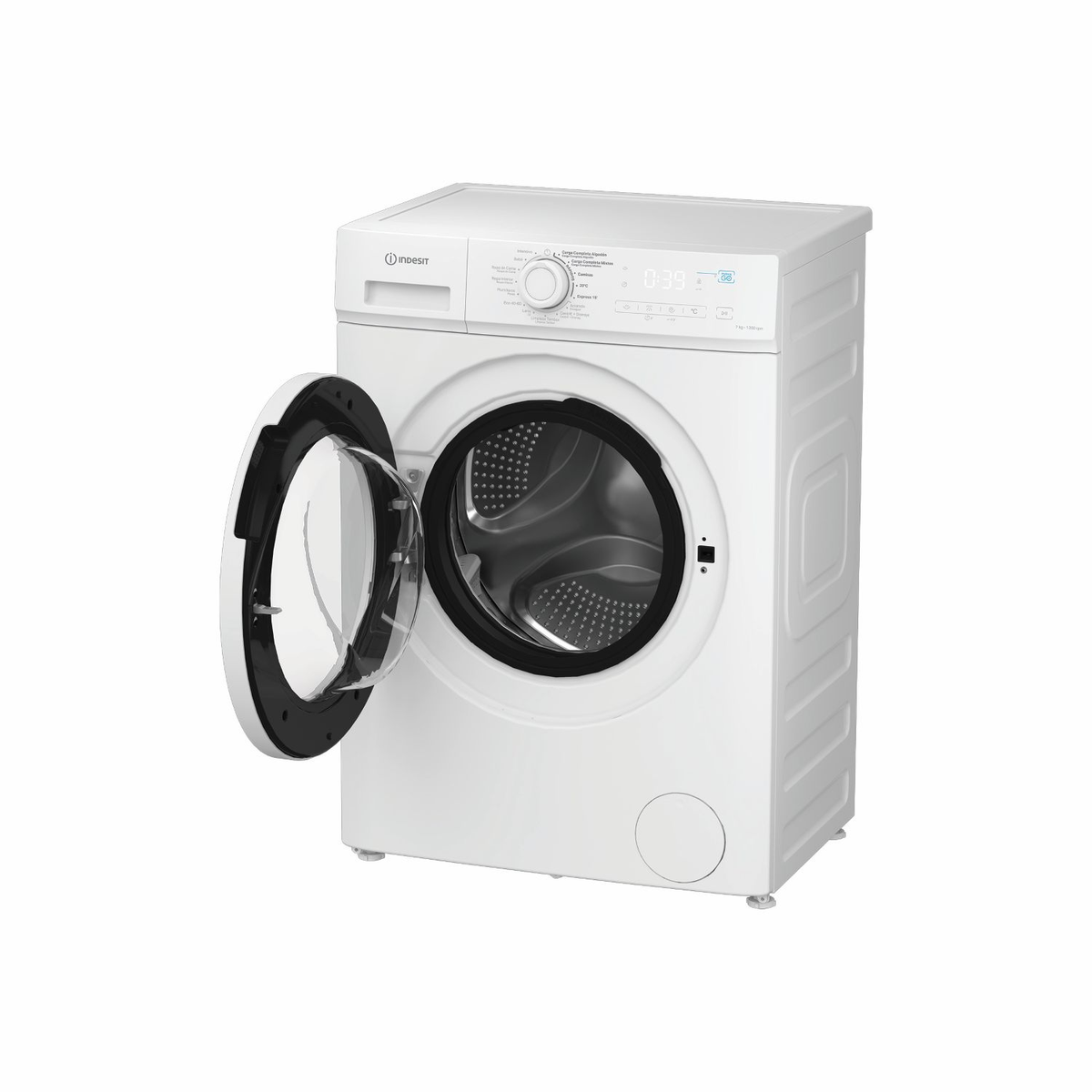 Una lavadora blanca Indesit con la puerta abierta, mostrando el tambor de acero inoxidable sobre fondo blanco.