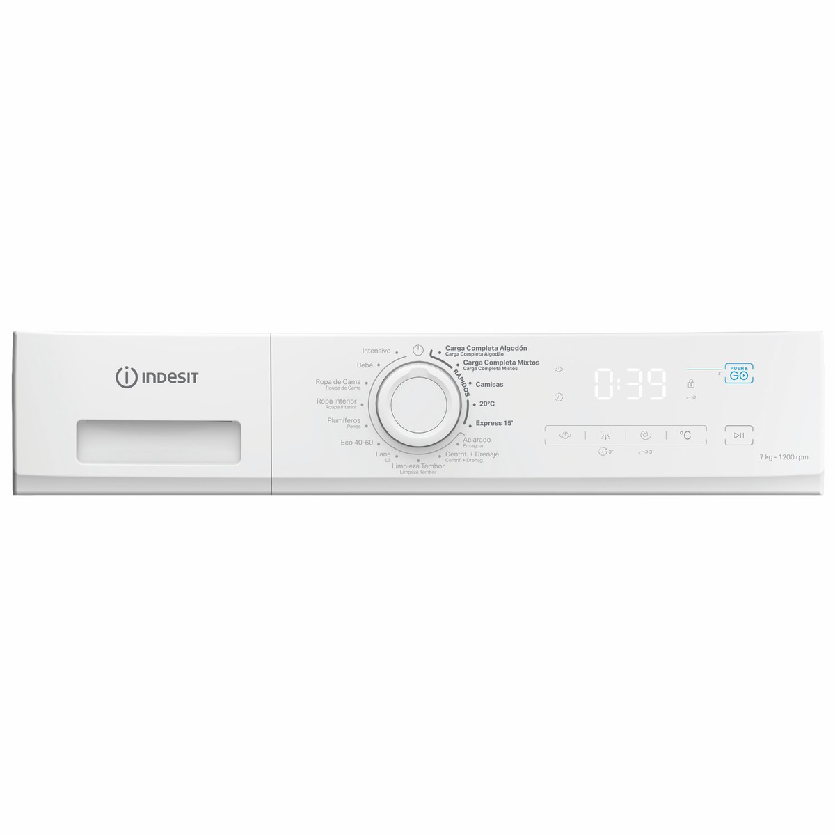Panel de control de lavadora Indesit blanca con selector central, pantalla digital y etiquetas de programas.