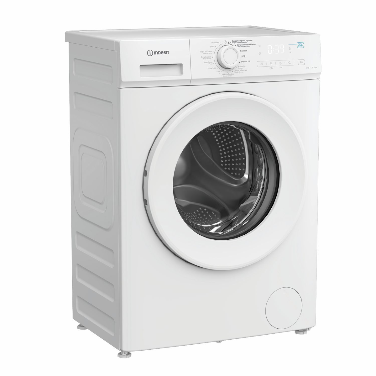 Una lavadora frontal blanca Indesit aislada sobre fondo blanco.