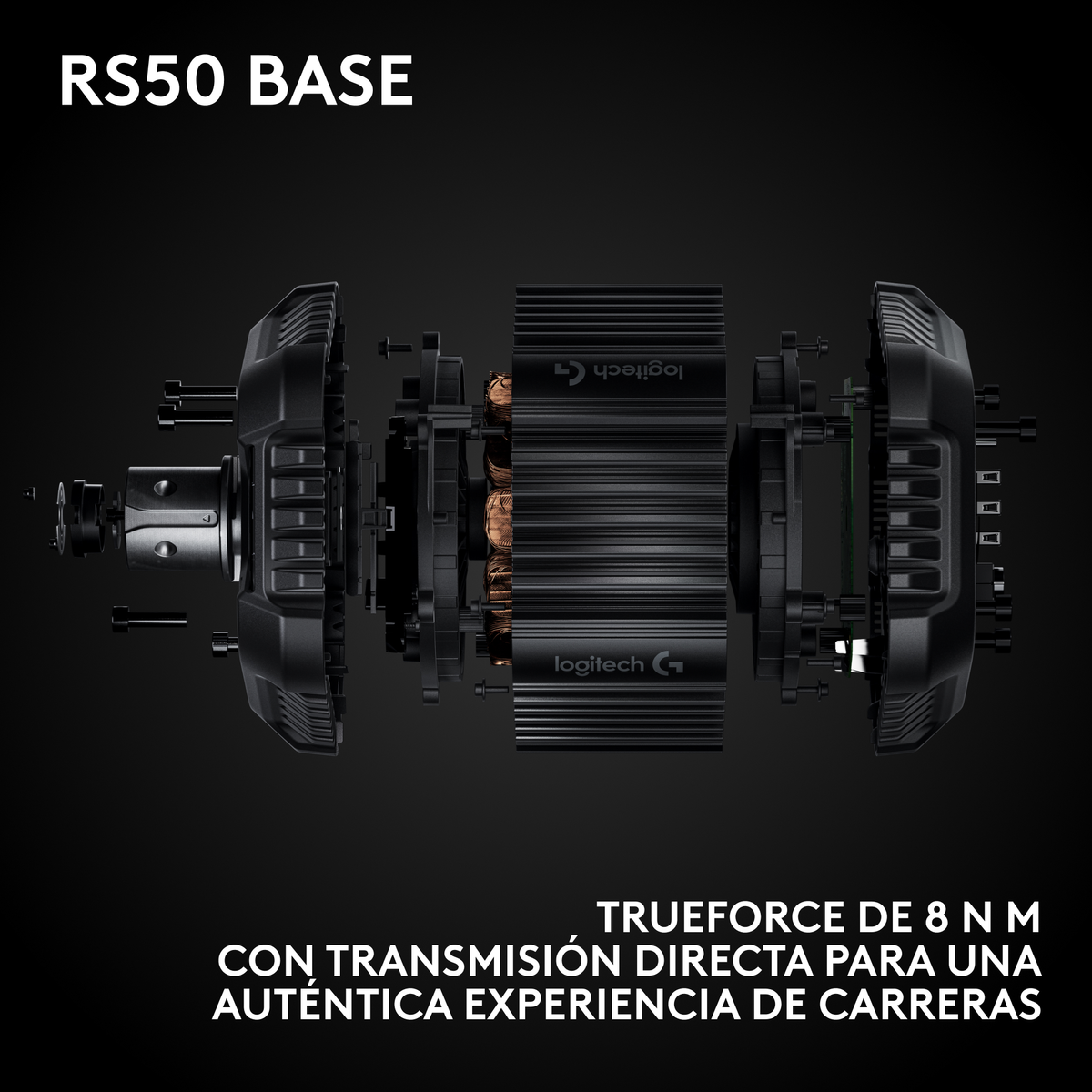 Vista explosionada de la base negra Logitech RS50 con accionamiento directo Trueforce de 8 Nm.
