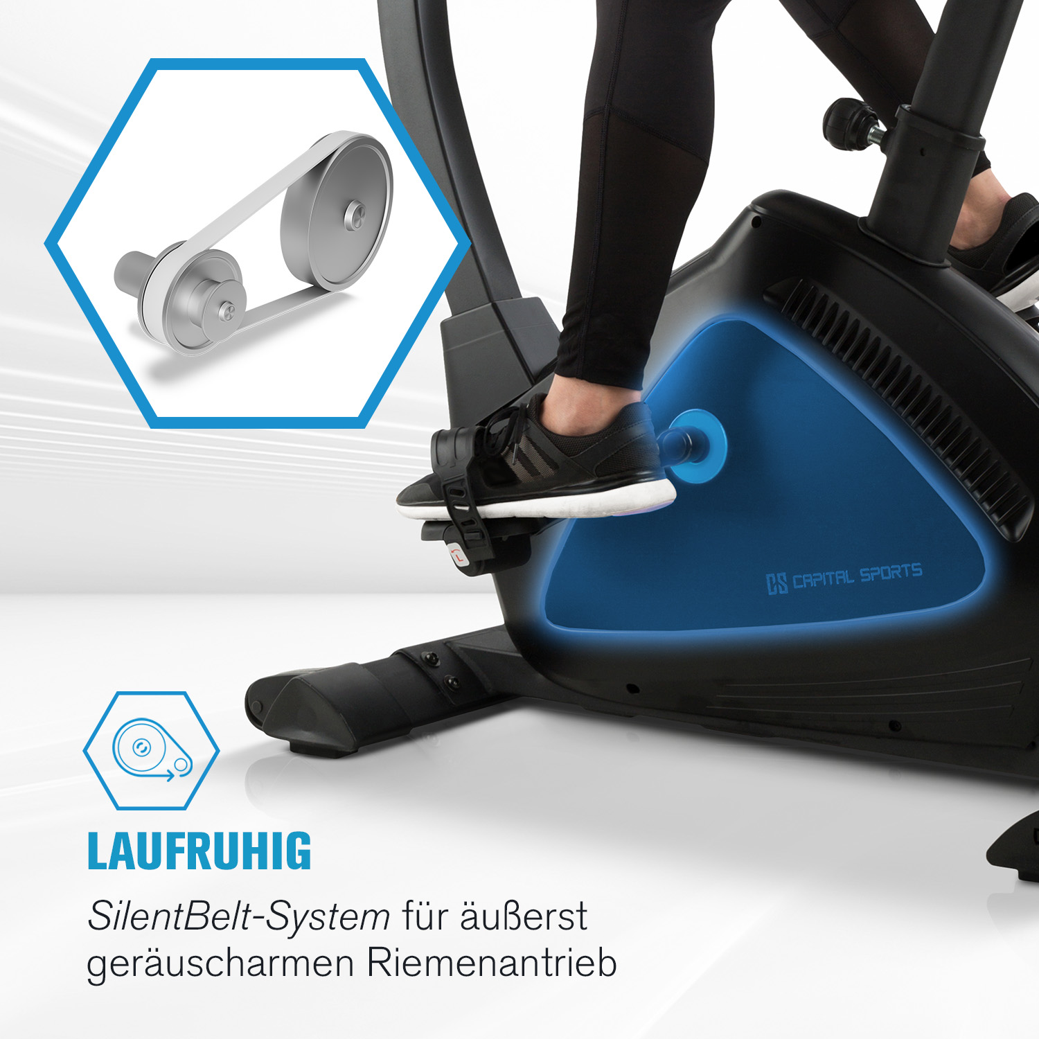 Ein Heimtrainer mit leisem Riemenantrieb und integriertem SilentBelt-System für leises Training.