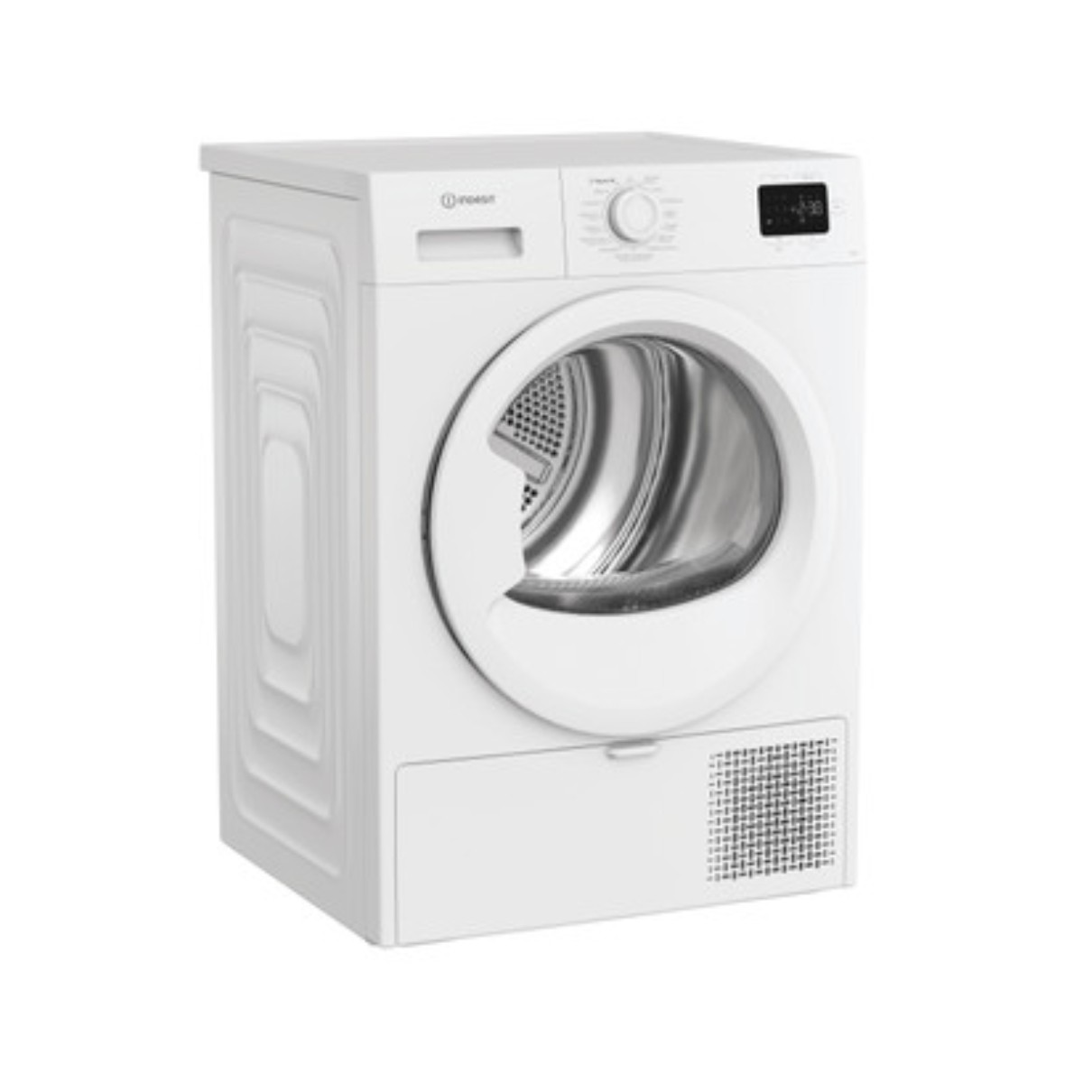 Una secadora blanca de carga frontal con puerta de cristal, rueda de control y pantalla digital sobre fondo blanco.