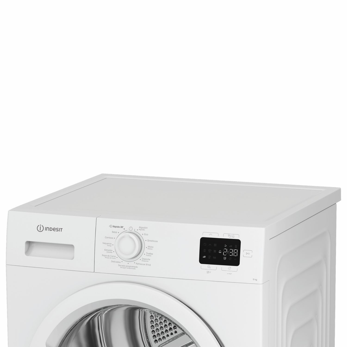 Lavadora blanca Indesit con mando giratorio y pantalla digital.