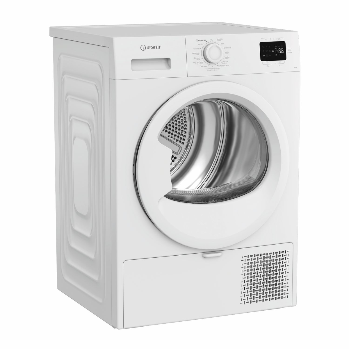 Una secadora blanca Indesit con pantalla digital y puerta de cristal.