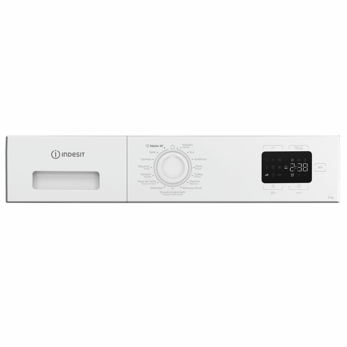 Panel de control de lavadora Indesit blanca con selector central y pantalla digital.