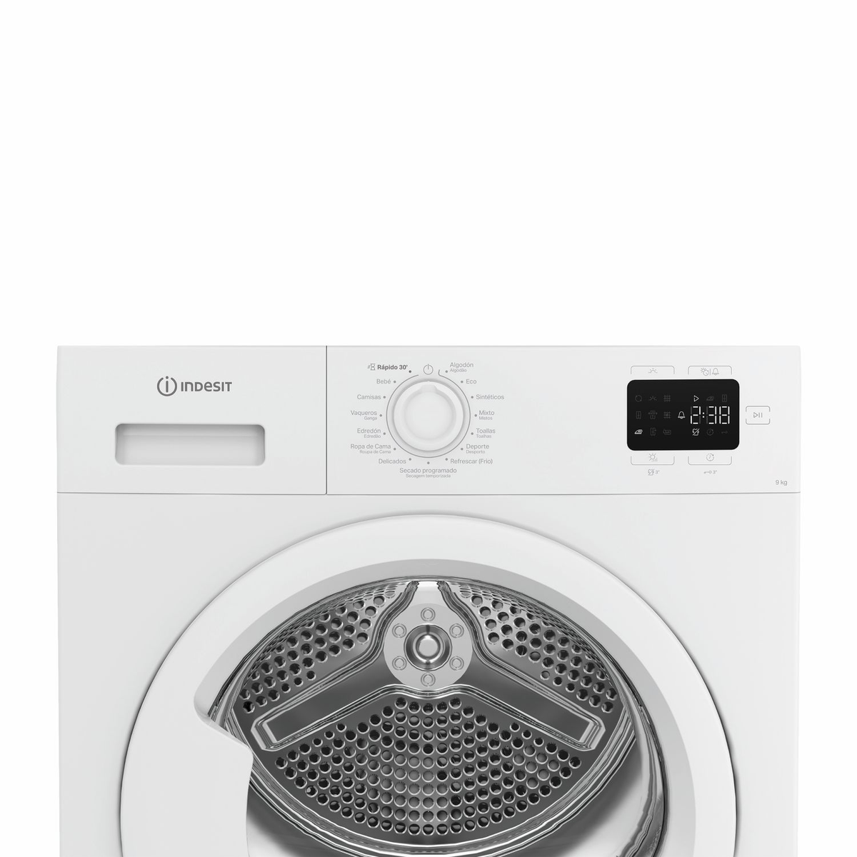 Vista frontal de secadora Indesit blanca con mando, pantalla digital y tambor abierto.