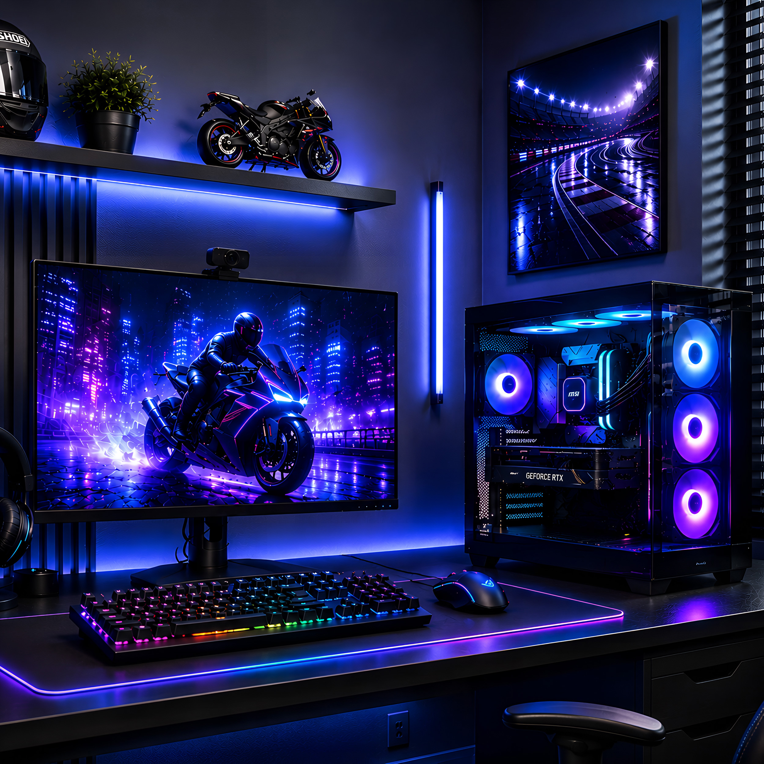 Ein Gaming-Setup mit großem Monitor, beleuchteter Tastatur, Maus und PC-Tower in blauem Licht.