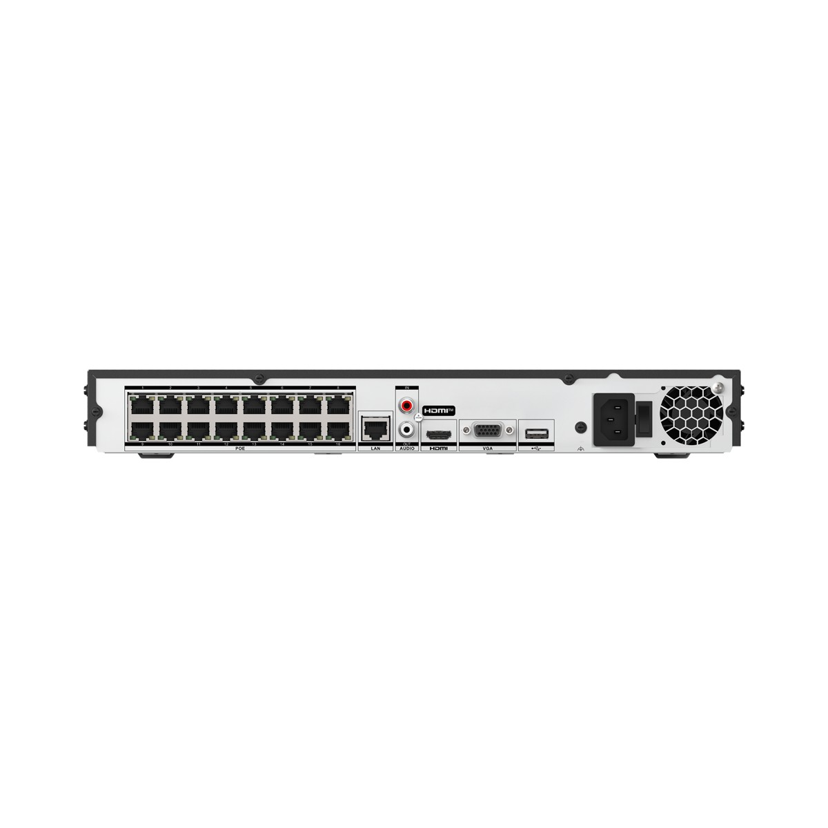 PoE bağlantı noktaları, LAN, ses, HDMI, VGA, USB, güç girişi ve soğutma fanı olan bir ağ video kaydedicisinin arka görünümü.
