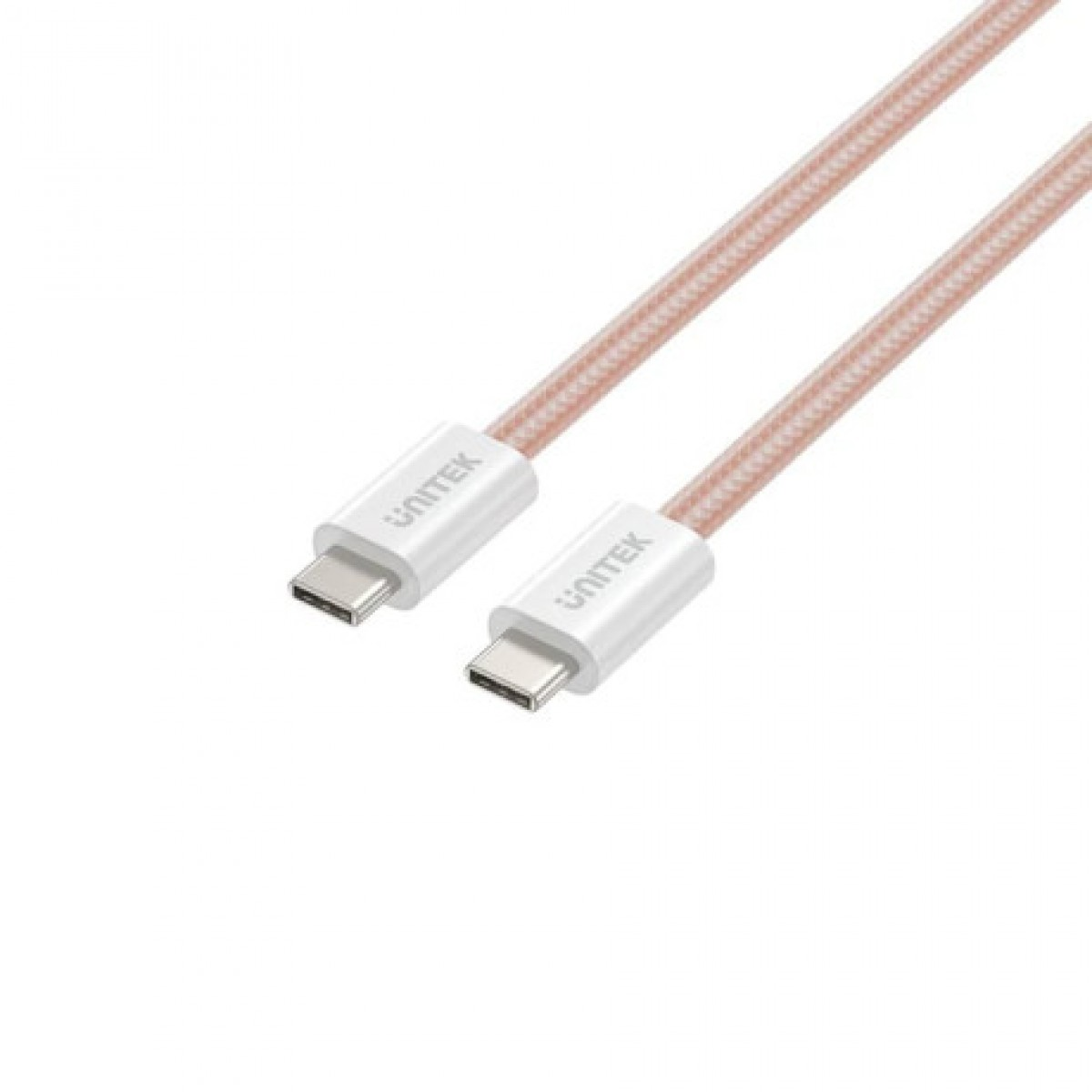 Beyaz arka planda beyaz konnektörlere sahip pembe altın rengi örgülü USB-C - USB-C kablosu.