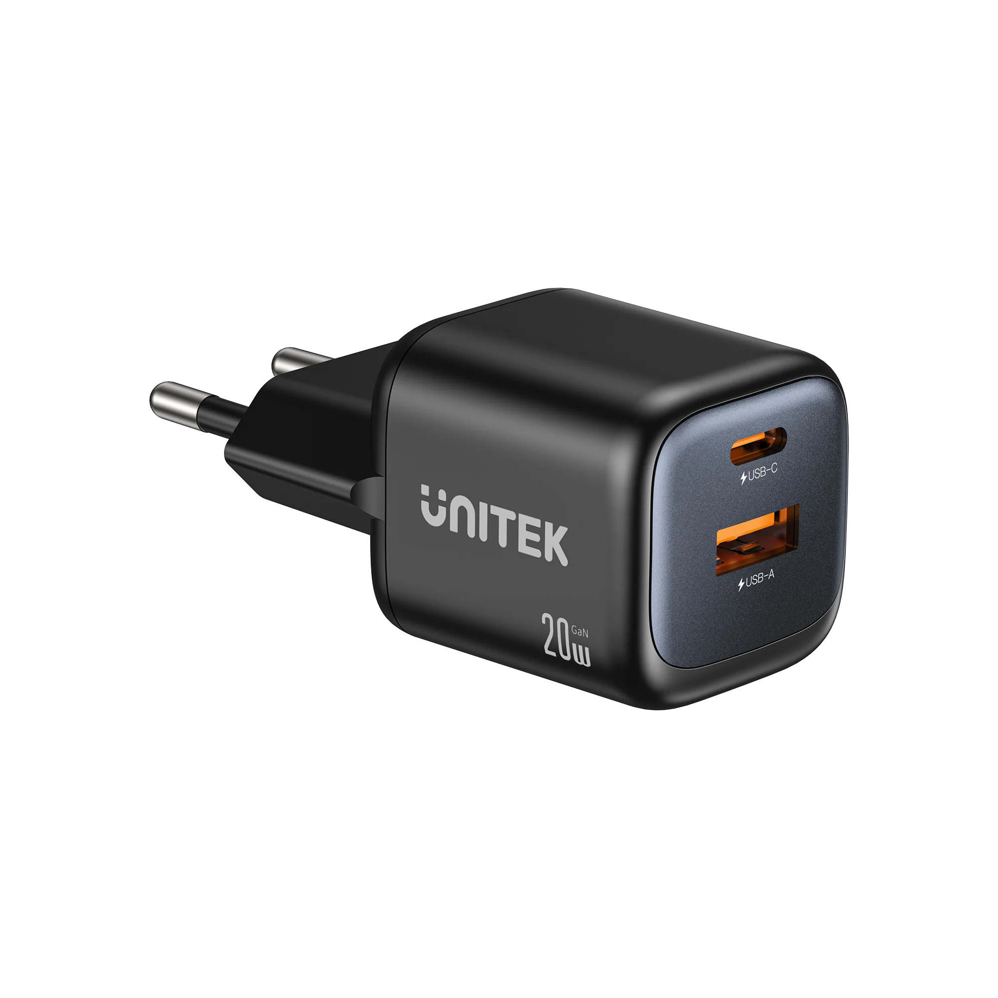 Bir USB-C ve bir USB-A bağlantı noktasına sahip siyah Unitek 20W GaN şarj cihazı.