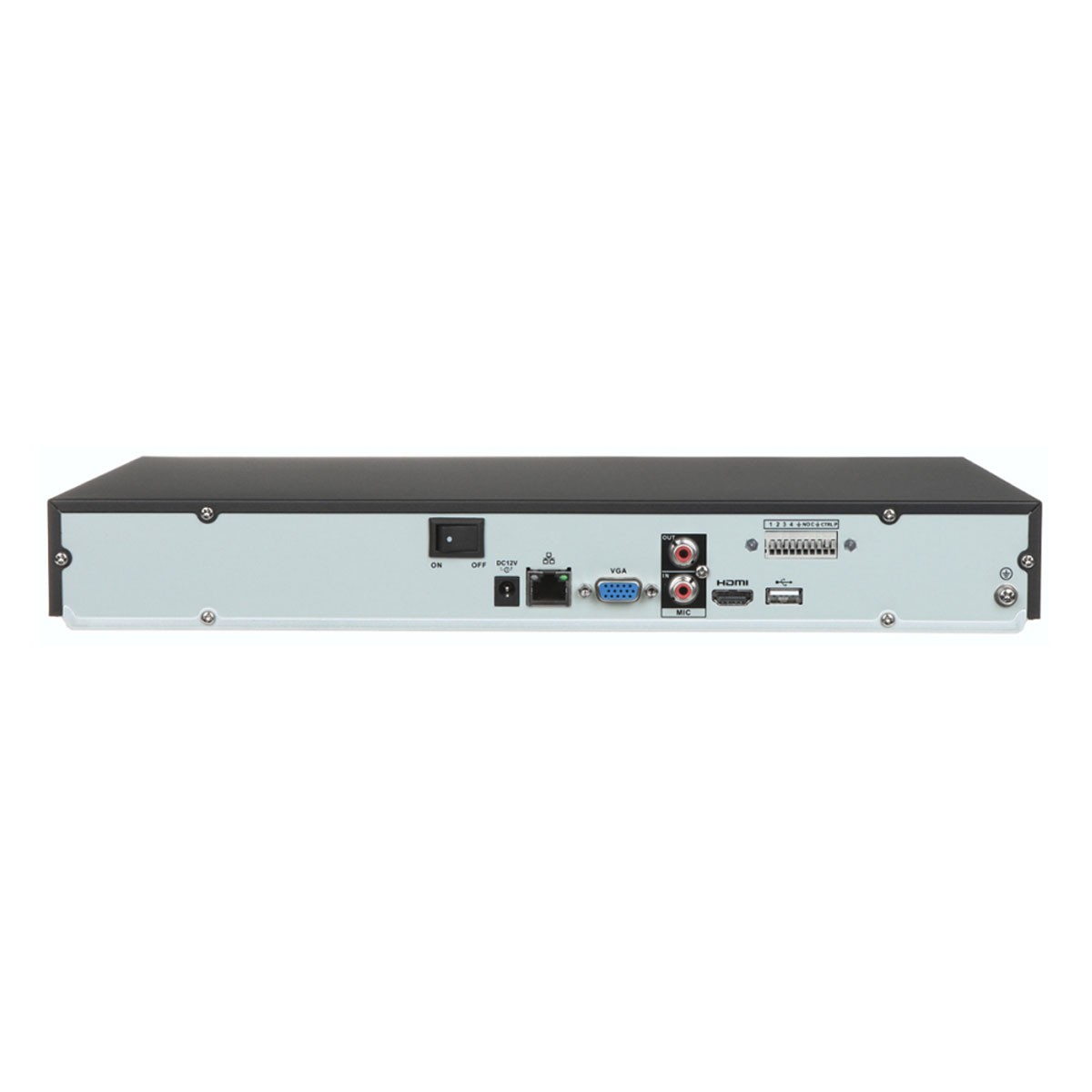 VGA, HDMI ve ethernet gibi çeşitli bağlantı noktalarına sahip siyah bir elektronik cihazın arka paneli.