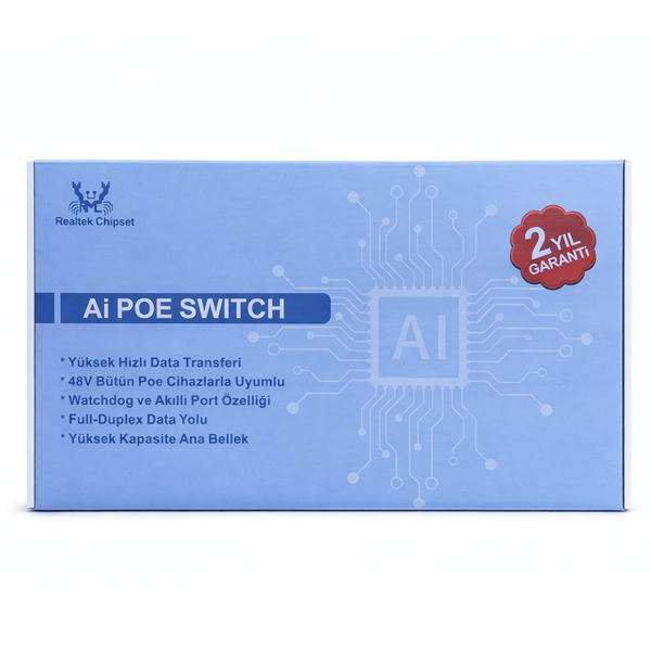 'Ai POE SWITCH' yazılı, mikroçip grafikli ve kırmızı 2 yıl garanti etiketli açık mavi kutu.
