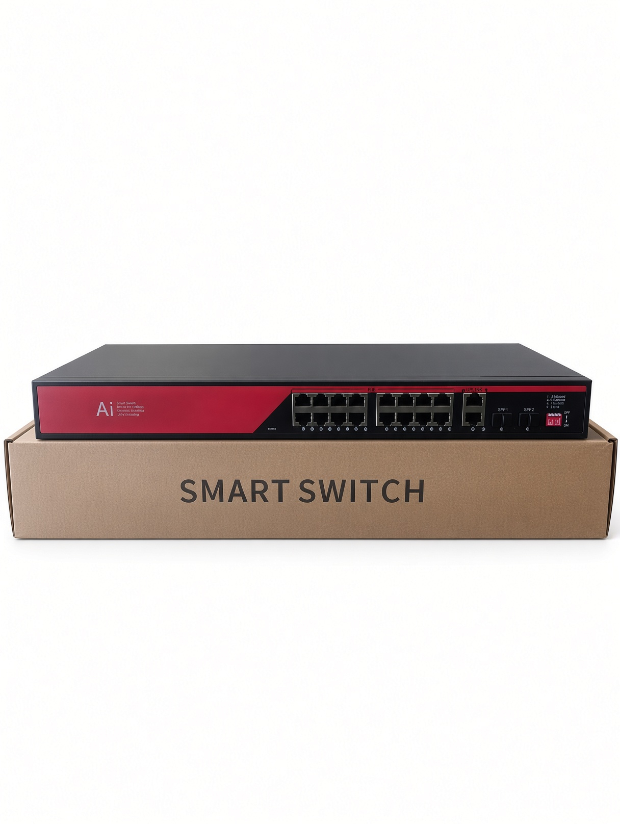 Kırmızı ön yüzlü siyah bir akıllı anahtar, Smart Switch yazılı kahverengi bir kutu üzerinde duruyor.