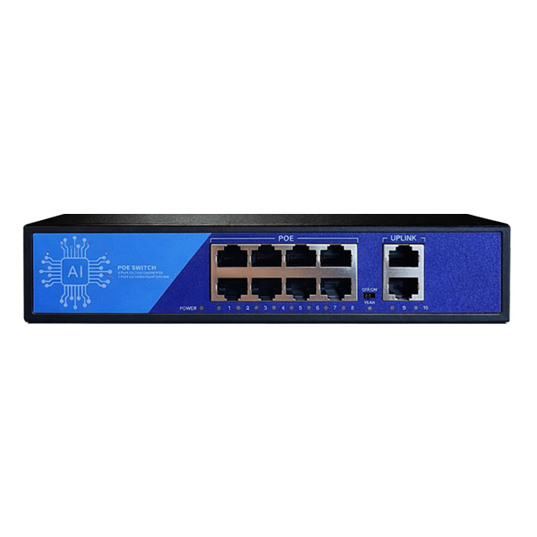 Sekiz POE bağlantı noktasına ve iki uplink bağlantı noktasına sahip mavi bir AI POE ağ anahtarı.